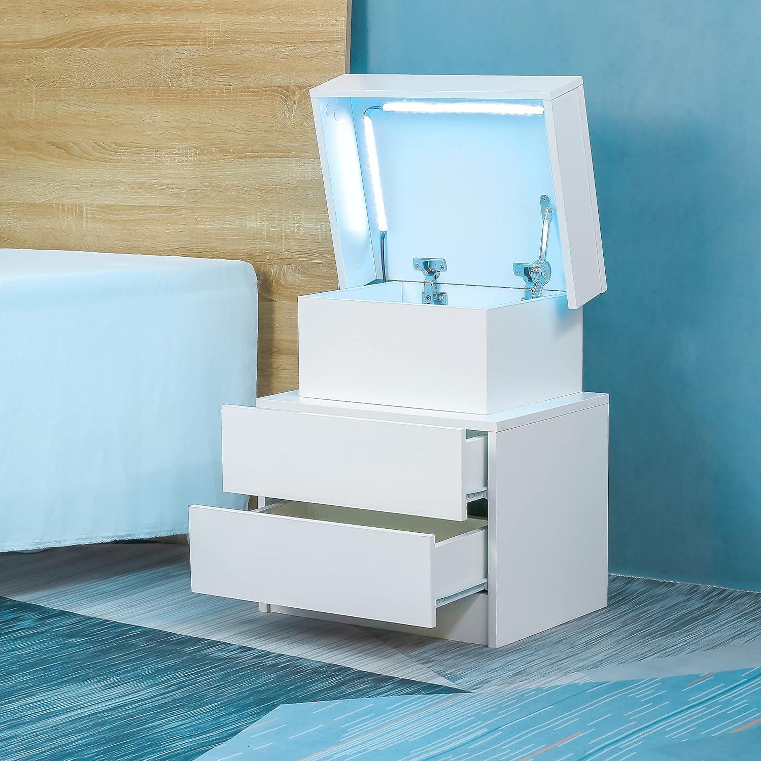 Litake LED Nightstand Modern Nightstand With Led Lights Wood Led Bedside Table Particle Board LED Nightstand With 2 High Gloss Drawers For Bedroom