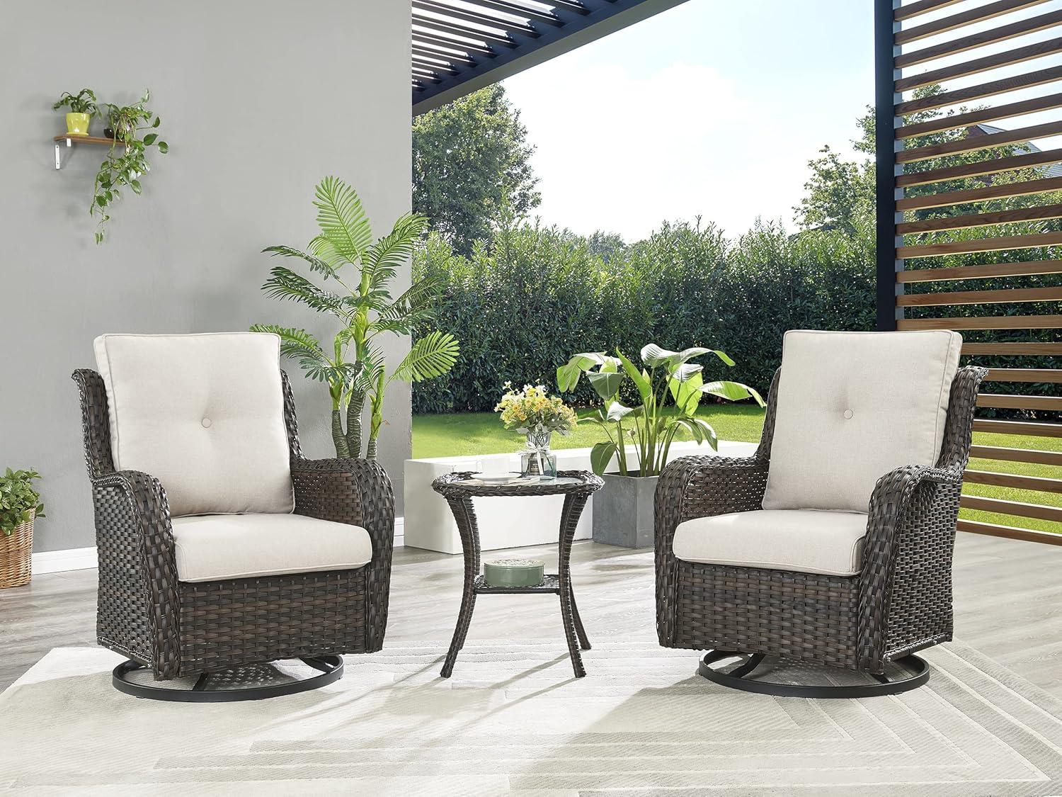POCASSY 3 Piece Patio Set Outdoor Wicker Glider Rocking and Swivel Chairs with Side Table and Cushions - Patio Wicker Bistro Furniture Set, Brown Rattan & Beige Cushion