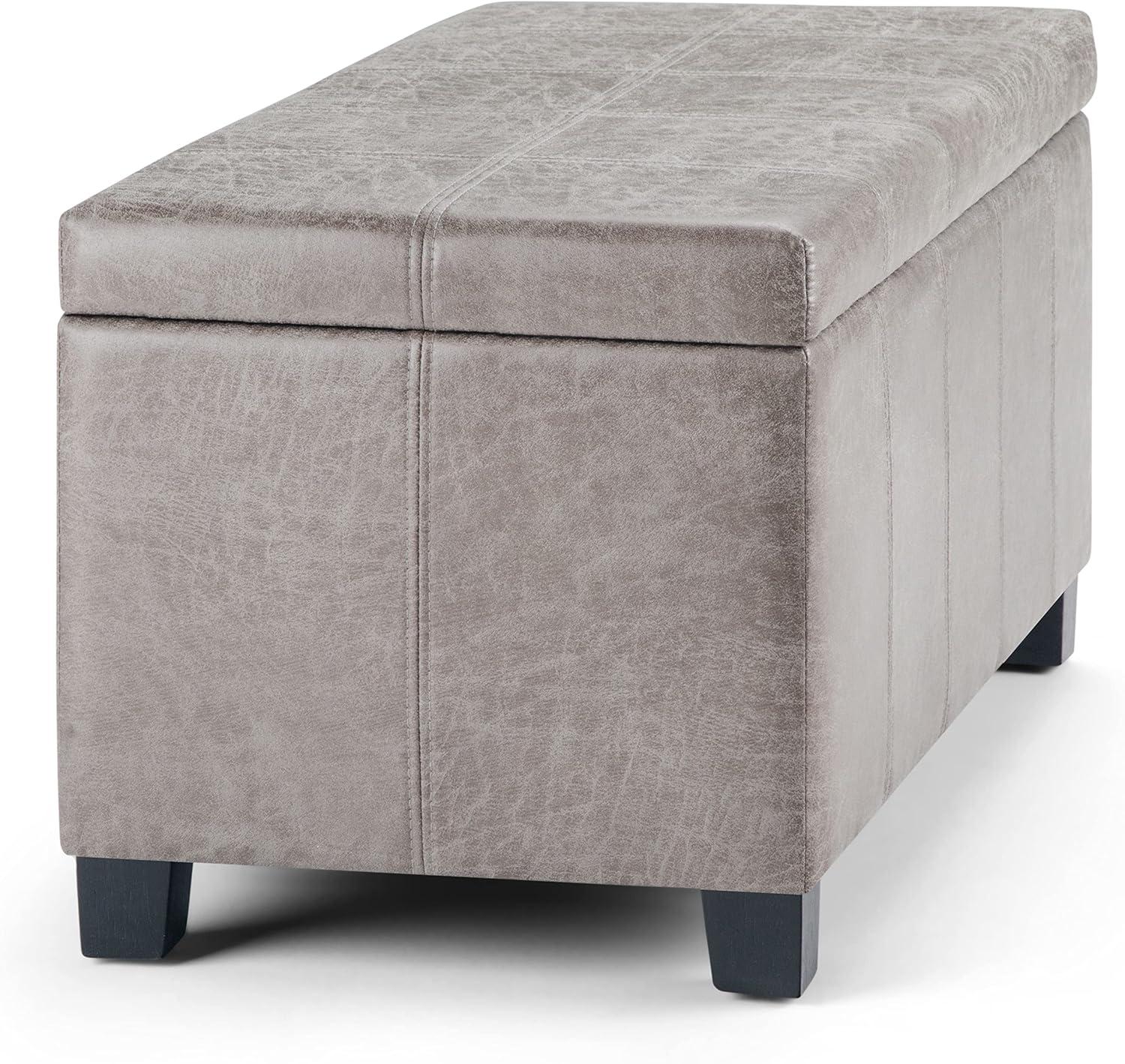 Simpli Home Dover Faux Leather Storage Ottoman Bench in Gray Taupe