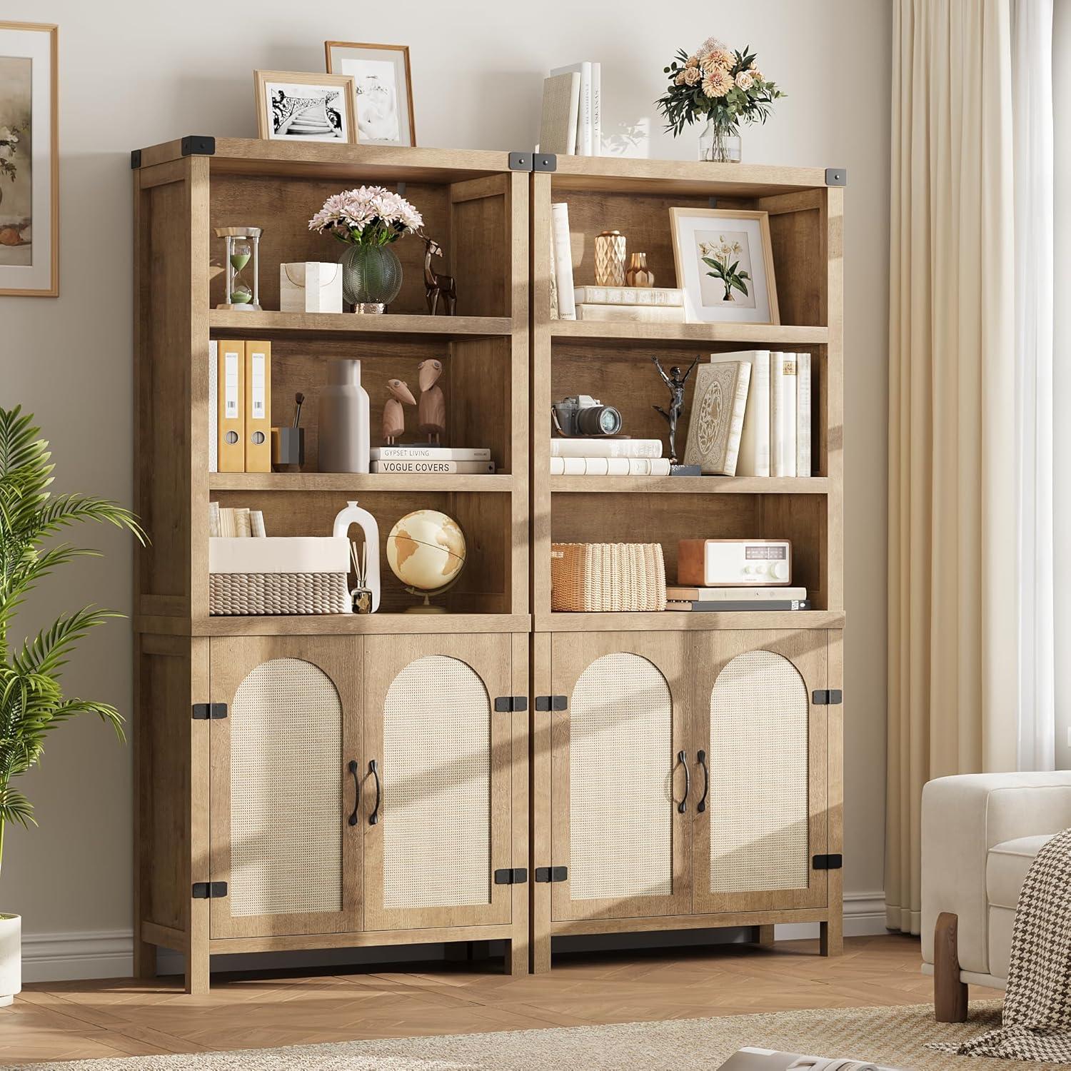 Rustic Bookshelves and Bookcases with Doors, Wooden 3 Shelf Bookshelves with Cabinets, 70" Tall Floor Standing Display Storage Shelves for Bedroom, Office, Living Room