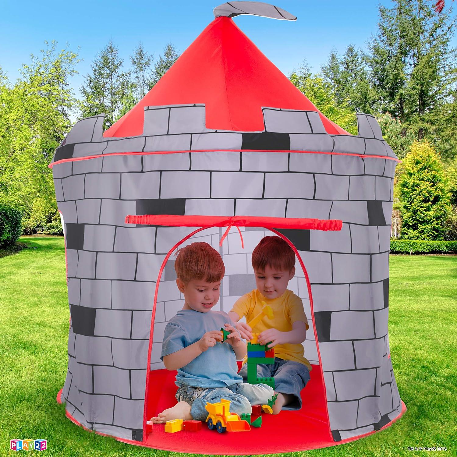 Gray and Red Castle-Themed Foldable Kids Play Tent