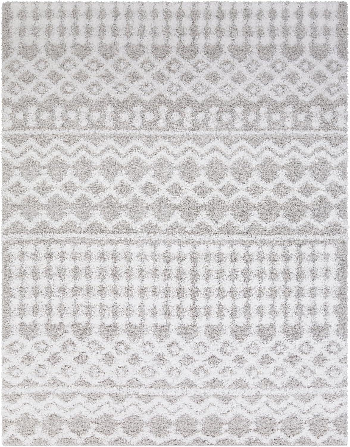 Large White and Light Gray Synthetic Shag Area Rug