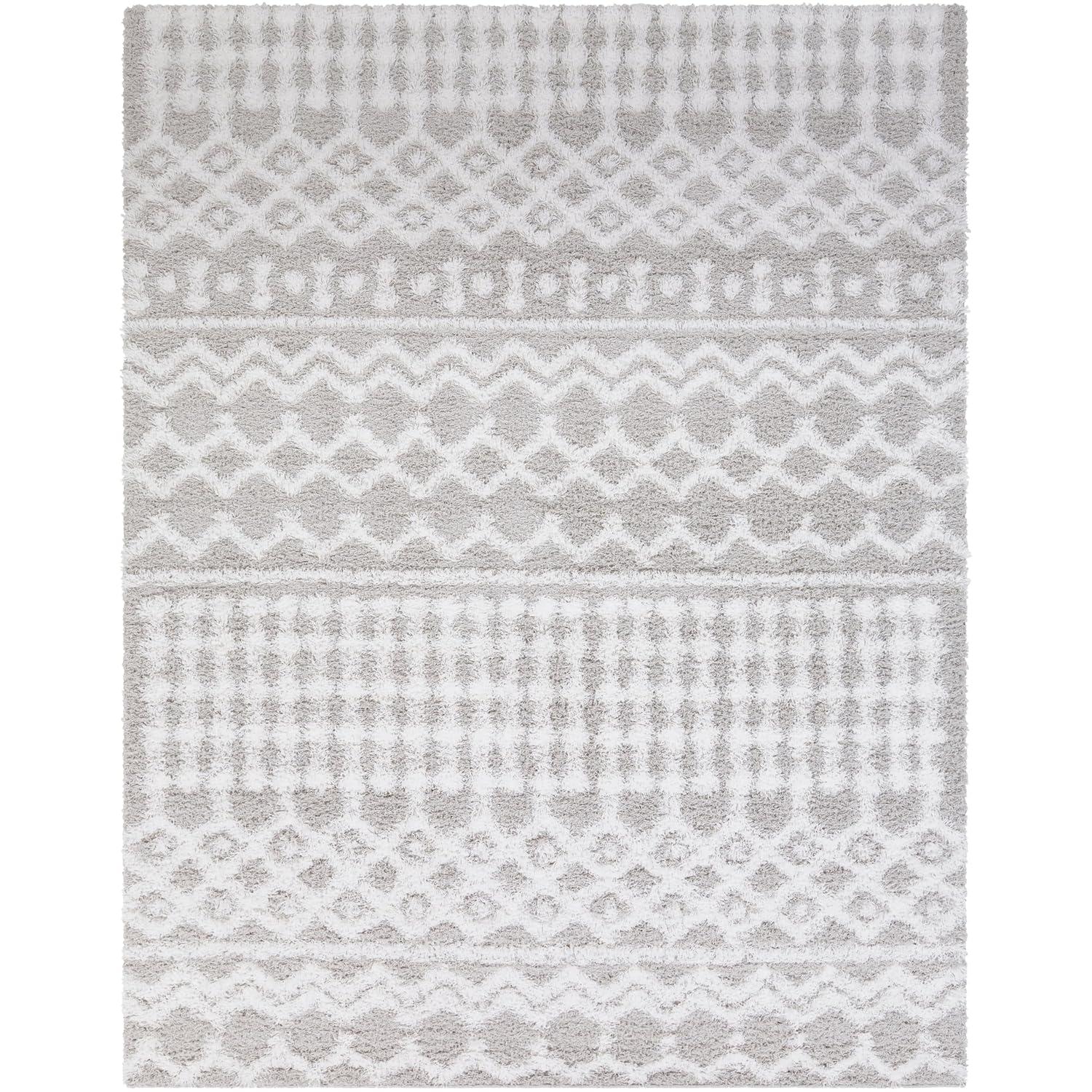 Large White and Light Gray Synthetic Shag Area Rug