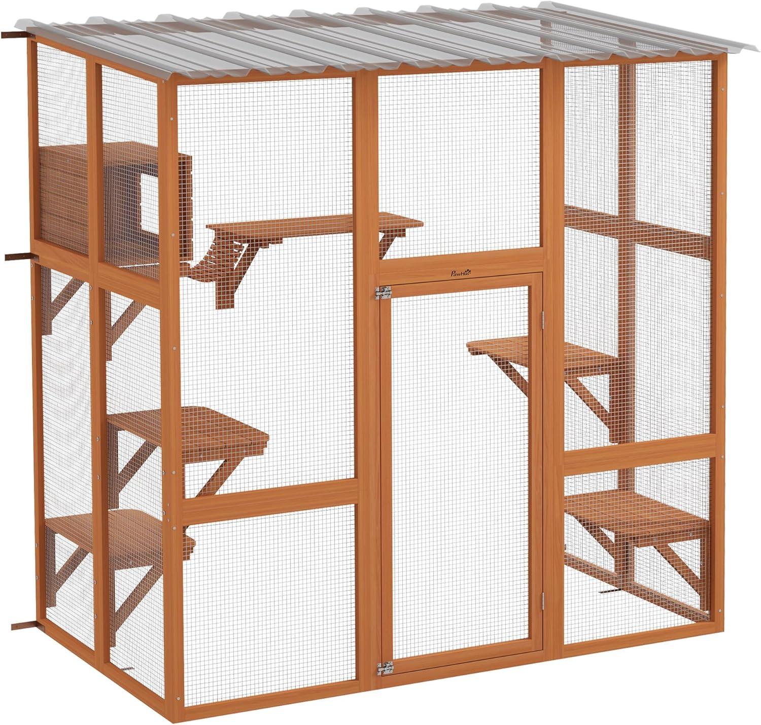 PawHut Catio, Outdoor Cat Enclosure Window Box Wooden Cat House w/ Weather Protection Roof for 2 Kitties with Resting Box, Platforms & Bridge