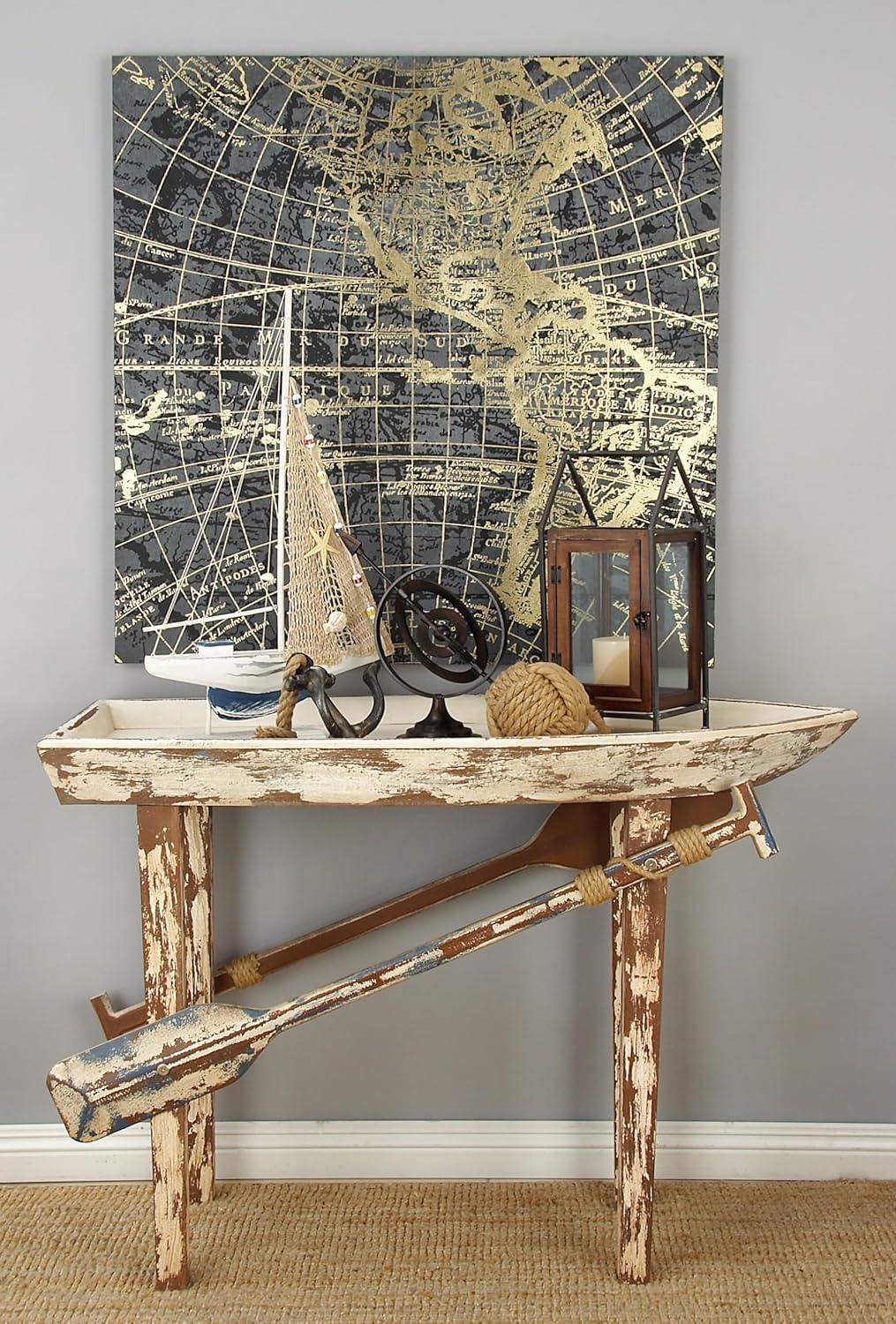 DecMode 49" x 33" White Wood Distressed Tray Top Boat Accent Table with Oar Detailed Legs, 1-Piece