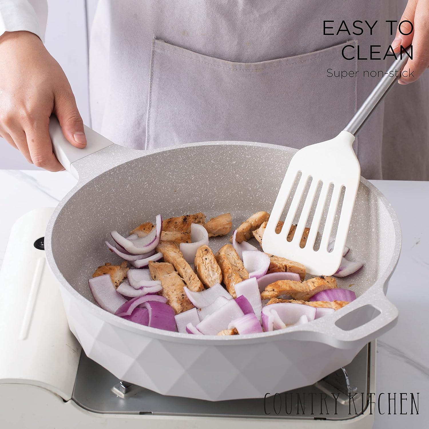 Country Kitchen 11-Pc Cast Aluminum Cookware Set Non Stick Pots and Pan Set, Cream Diamond