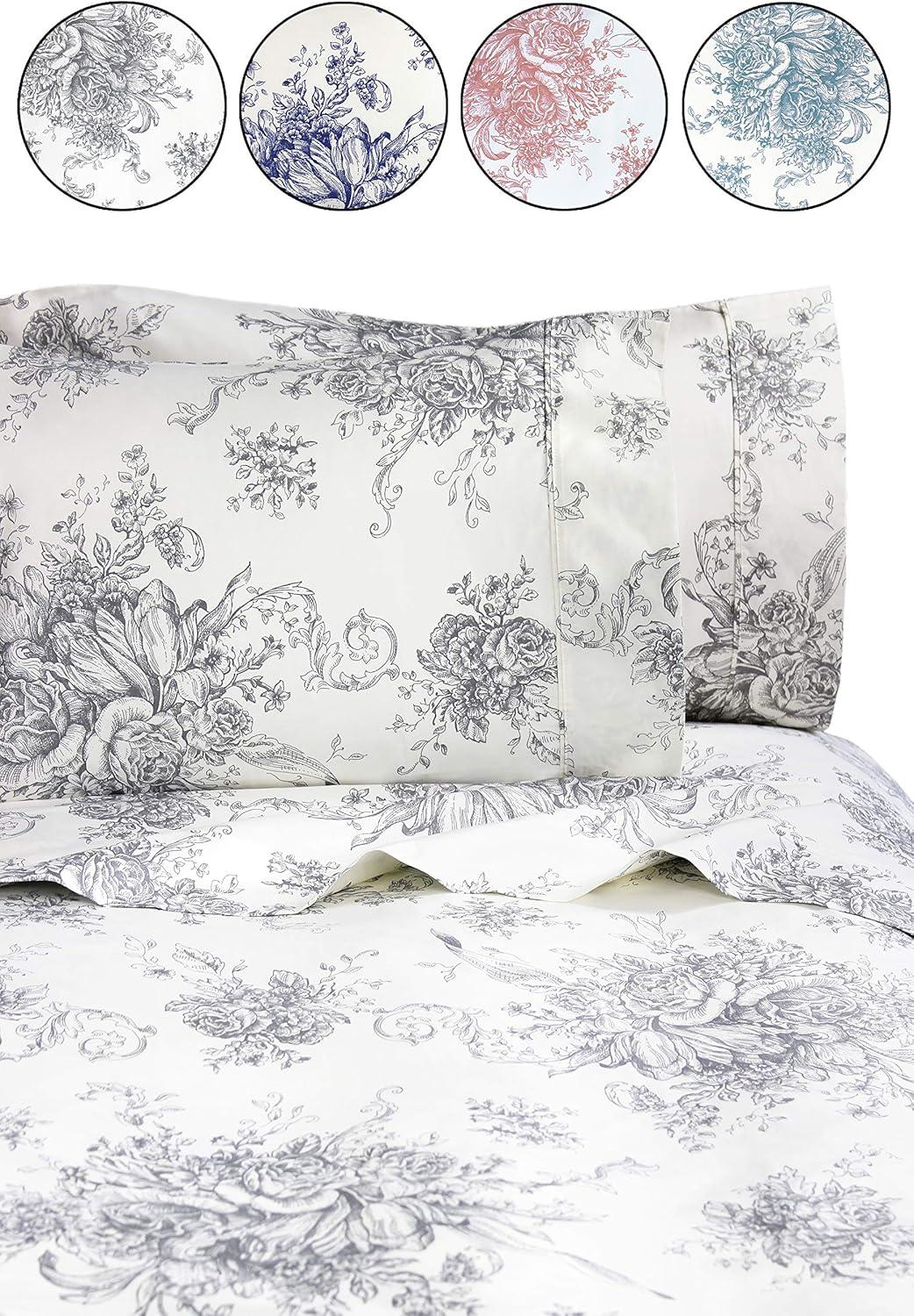 Melange Home Printed Design Cotton Collection 400 Thread Count Light Blue Toile Duvet Set King - Cal King 3 Piece