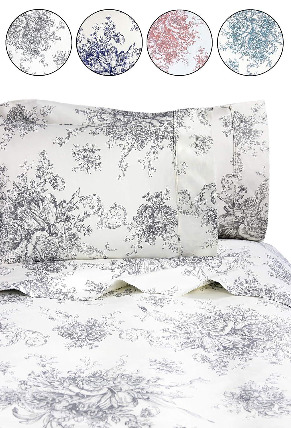 Melange Home Printed Design Cotton Collection 400 Thread Count Light Blue Toile Duvet Set King - Cal King 3 Piece