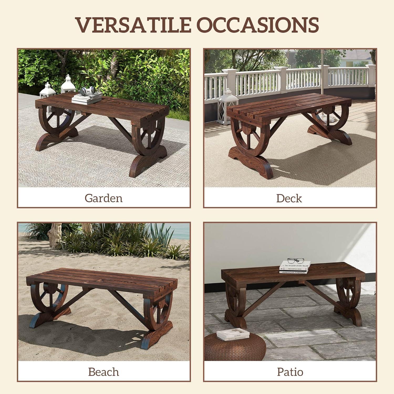 Outsunny 2-Person Wooden Garden Bench, Outdoor Wagon Wheel Porch Bench for Backyard Garden, Support 550 LBS, Rustic Country Style, Brown