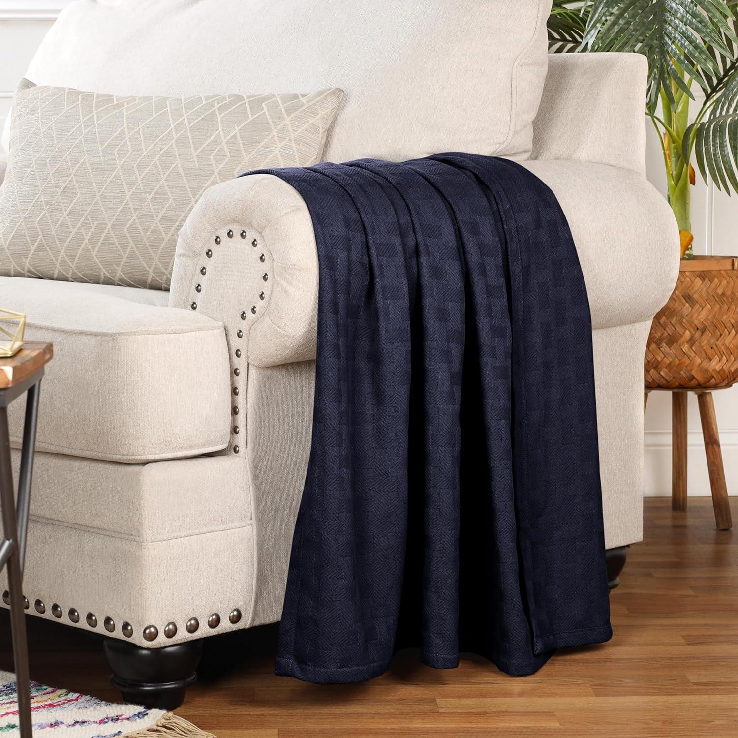 Basketweave Navy Blue 100% Cotton All-Season Throw Blanket, 60" x 50"