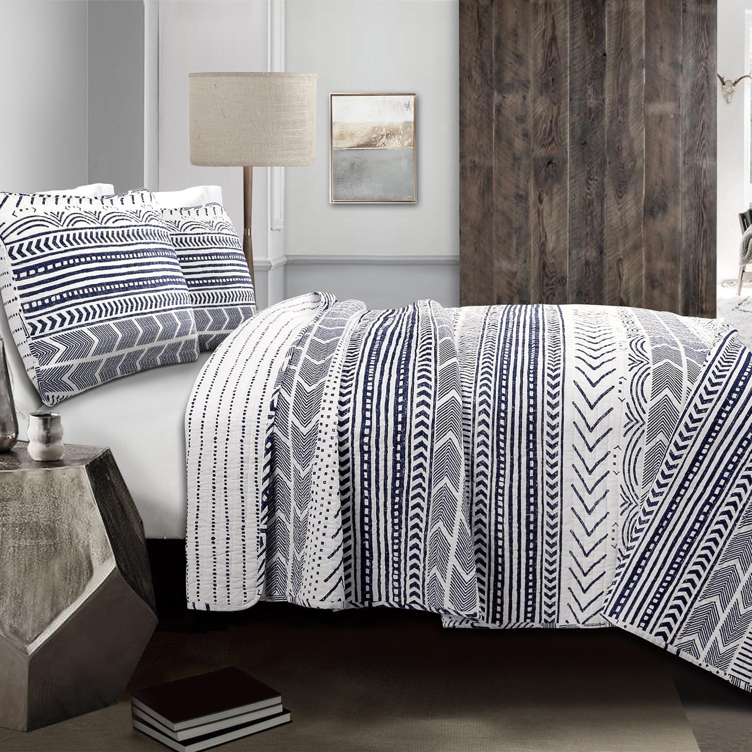 Lush Décor 3pc King Hygge Geo Reversible Quilt & Sham Set Navy/White: STANDARD 100 OEKO-TEX Certified