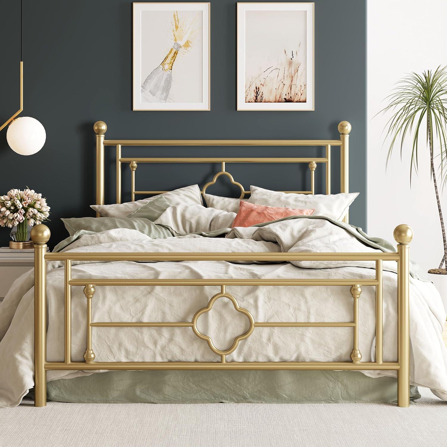 Gold Queen Size Metal Platform Bed Frame with Victorian Headboard