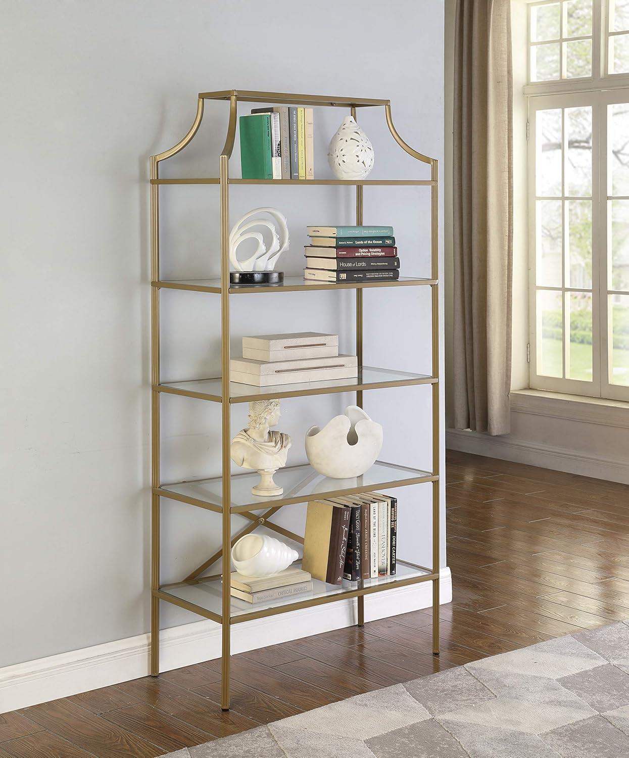 xrboomlife Art  5  Bookcase Etagere Metal Bookshelf Clear Tempered Glass Shelves Gold 804393