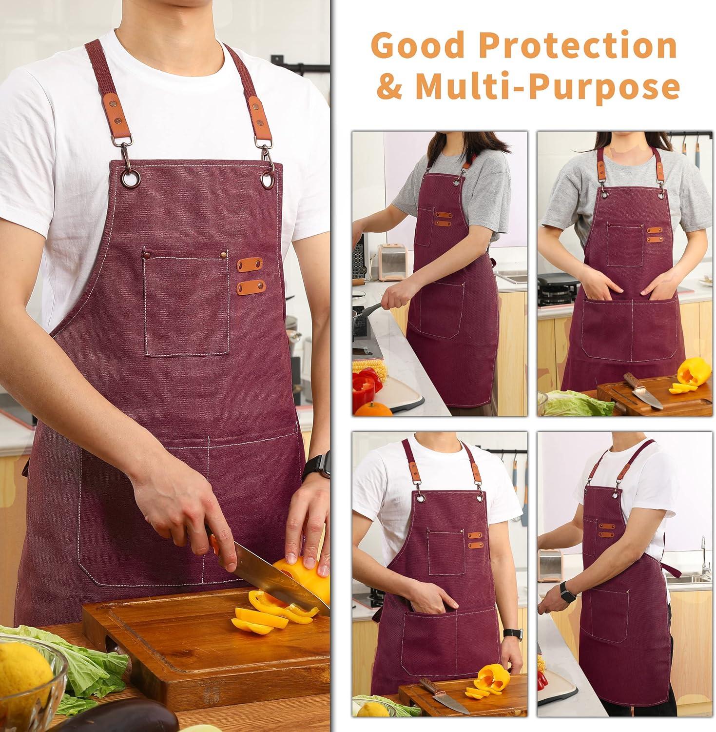 Dark Red Cotton Canvas Cross Back Grilling Apron with Large Pockets