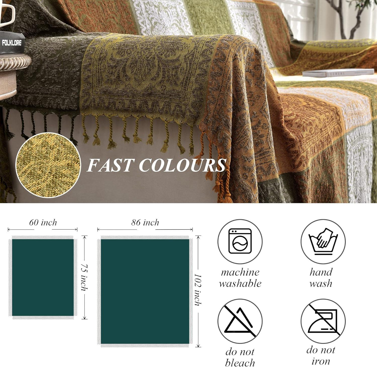 Manta Bohemia, Borlas Bohemias para Cama, Sofá, Silla Suave, Borlas con Flecos de Chenilla (Verde, Grande 86 X 102 Pulgadas)