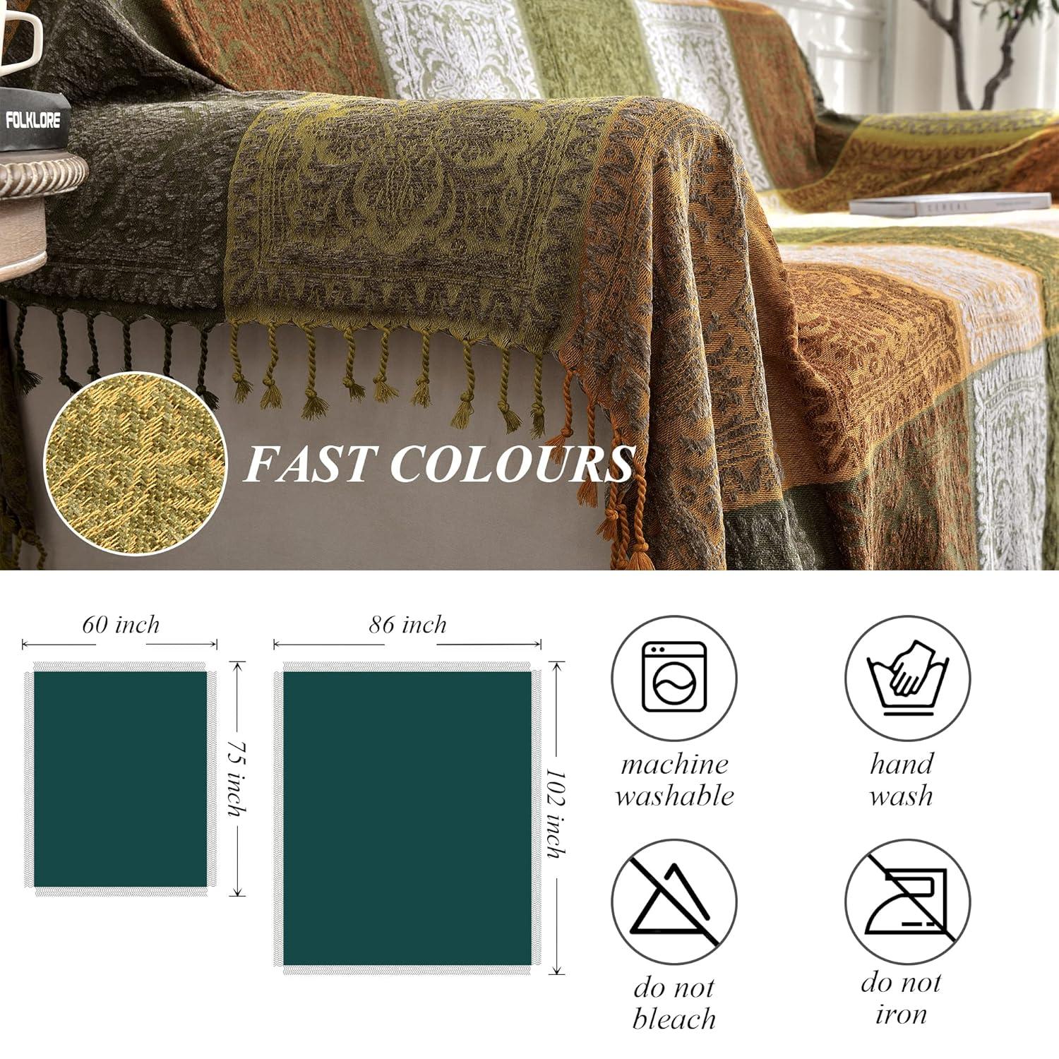 Manta Bohemia, Borlas Bohemias para Cama, Sofá, Silla Suave, Borlas con Flecos de Chenilla (Verde, Grande 86 X 102 Pulgadas)