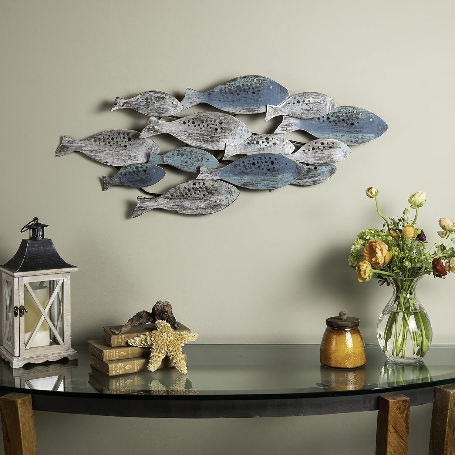 Blue and Silver Metal School of Fish Wall Sculpture