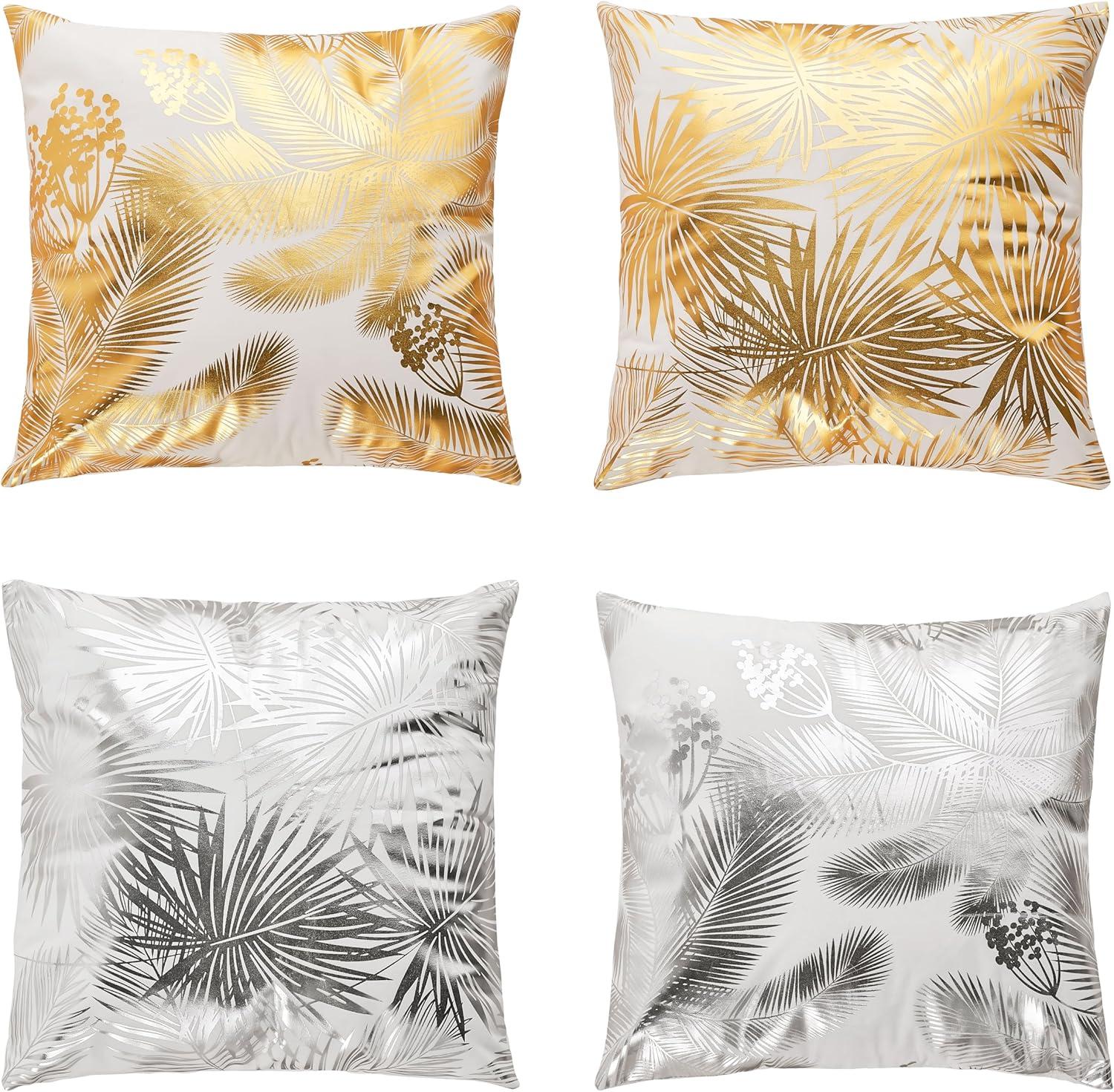Pack of 4 Decorative Throw Pillow Case Cushion Cover Gold Stamping Leaves 18 x 18 inches 45 x 45 cm for Couch Bedroom Car
