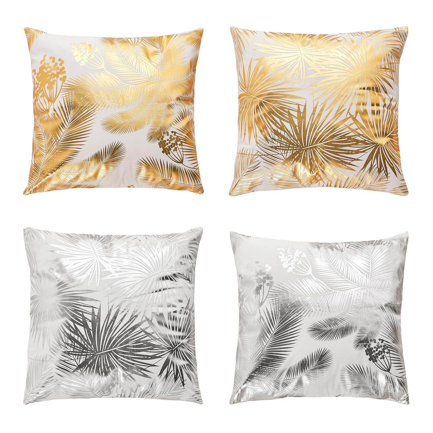 Pack of 4 Decorative Throw Pillow Case Cushion Cover Gold Stamping Leaves 18 x 18 inches 45 x 45 cm for Couch Bedroom Car