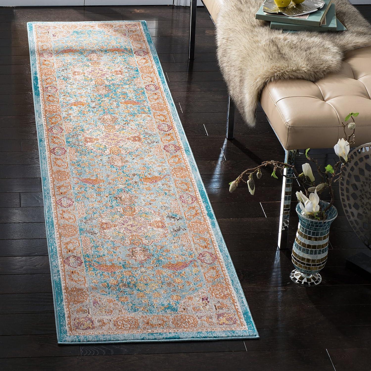 Elysian Blue and Orange Hand-Knotted Wool Blend Runner Rug - 2' x 8'