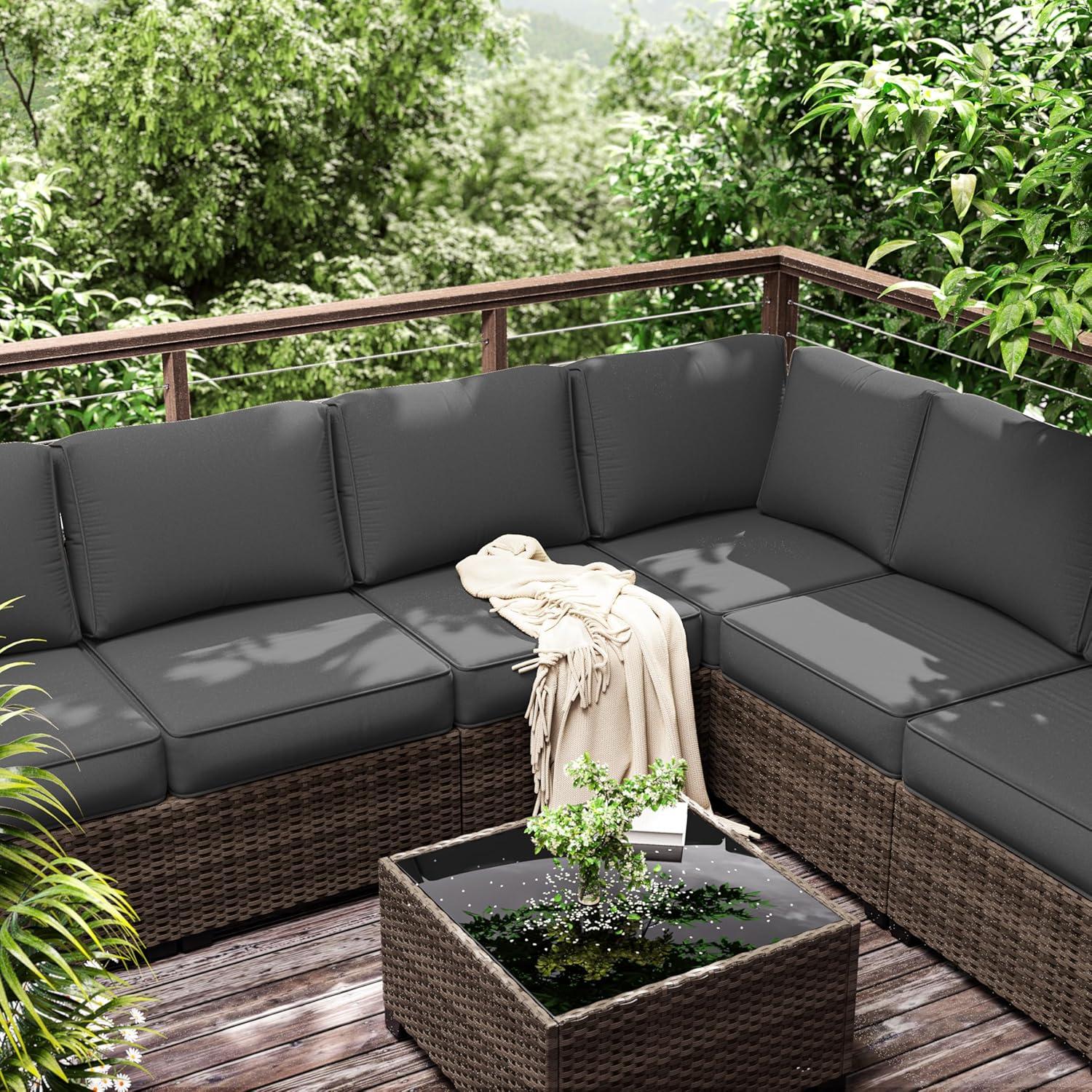 Kimunuk 14 Piece Outdoor Furniture Replacement Cushions, 5" Foam Foam High-Density, Fits 6-Seat Sectional Rattan Conversation Set, Patio Water-Resistant Sofa Cushions, Light Grey