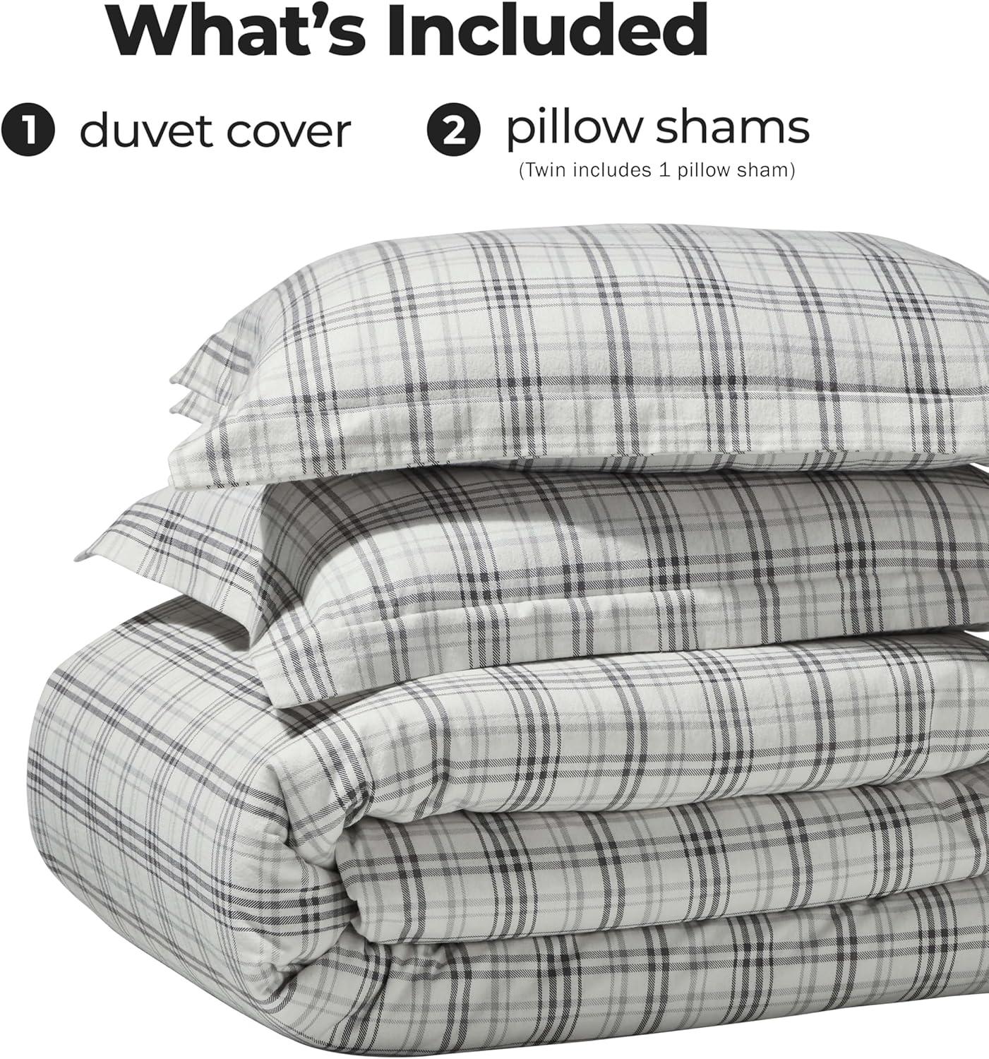Superior Plaid Flannel Cotton Duvet Set, Fuzzy Warm Duvet Cover, Rustic Farmhouse Bedding, Basics, Comforter Cover, Includes 1 Duvet Cover, 2 Pillow Shams, King/California King, Charcoal