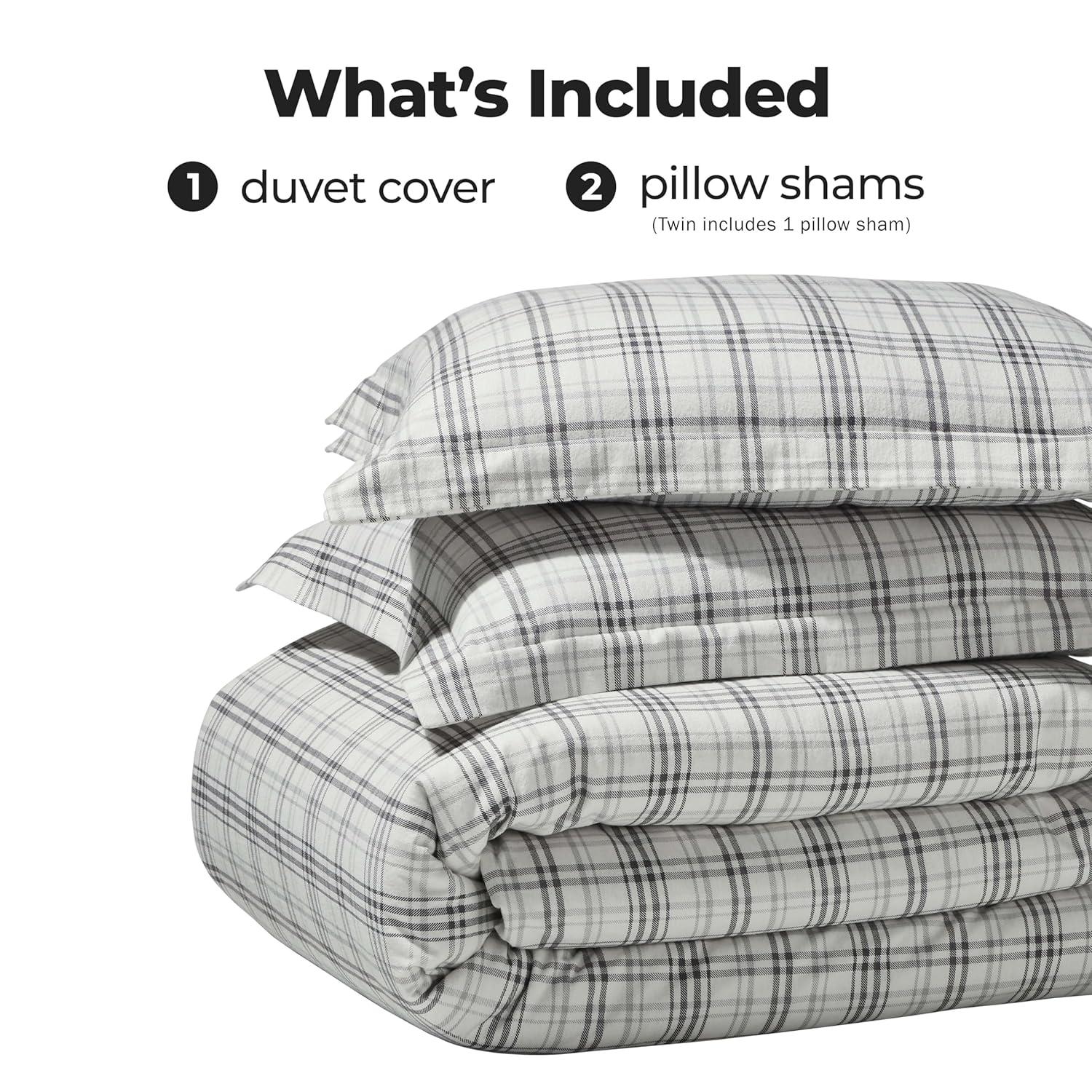 Superior Plaid Flannel Cotton Duvet Set, Fuzzy Warm Duvet Cover, Rustic Farmhouse Bedding, Basics, Comforter Cover, Includes 1 Duvet Cover, 2 Pillow Shams, King/California King, Charcoal