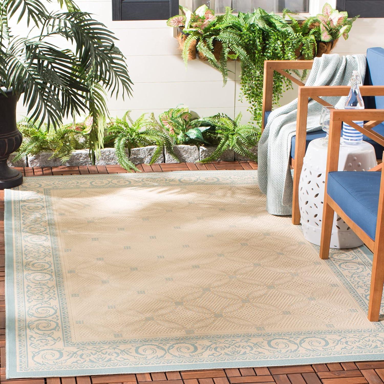 Courtyard Cream & Aqua Geometric Indoor/Outdoor Area Rug, 5'3" x 7'7"