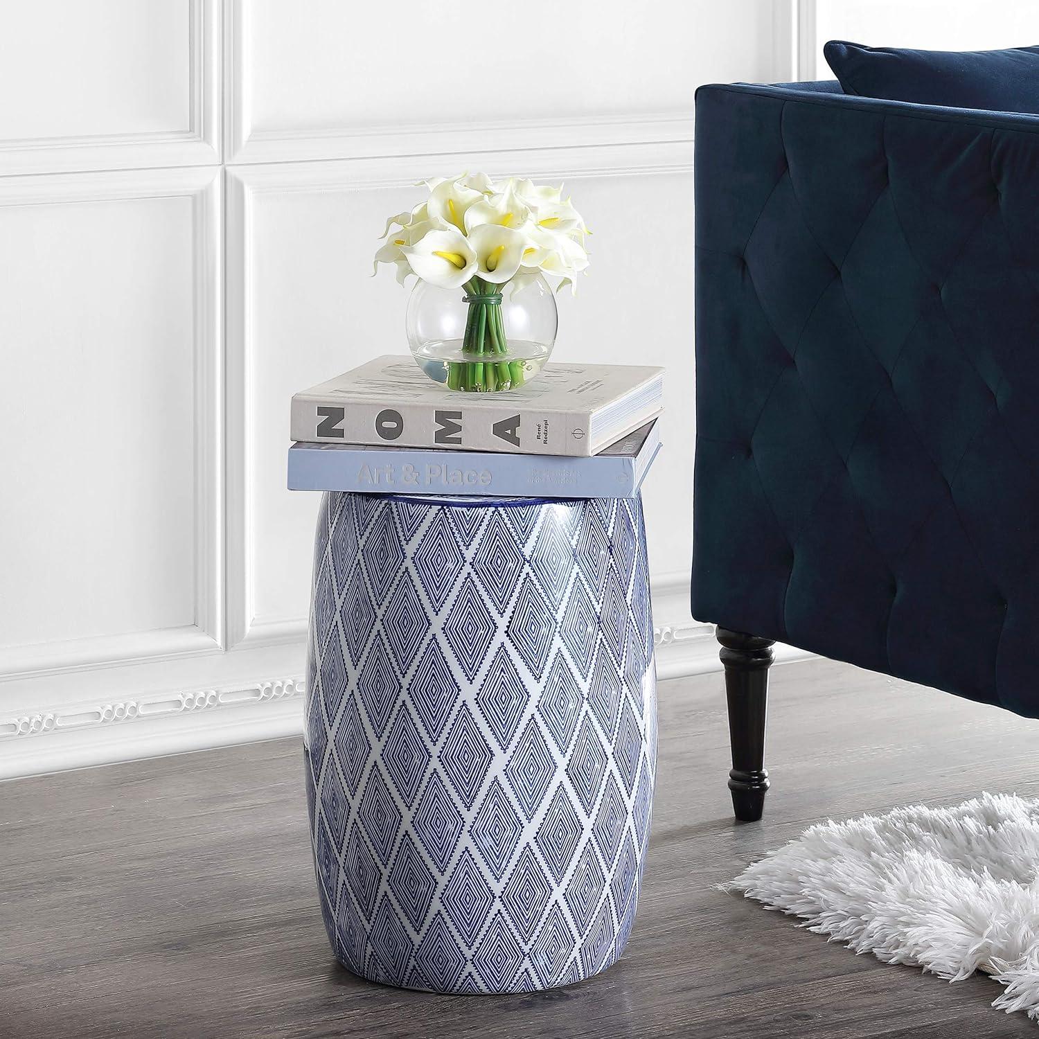 Blue and White Ceramic Diamond Drum Garden Stool