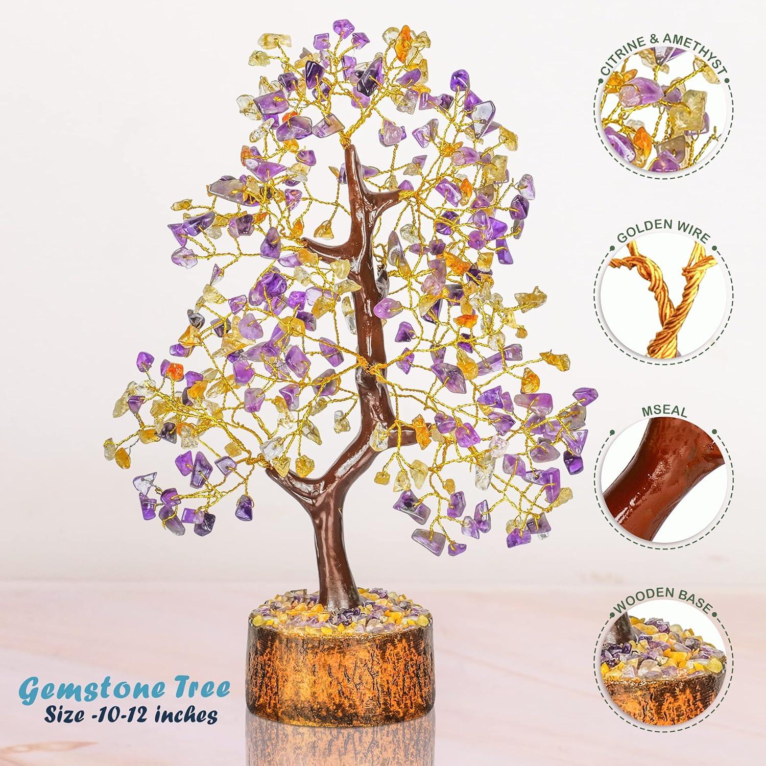 Amethyst and Citrine Crystal Bonsai Tree with Wooden Base