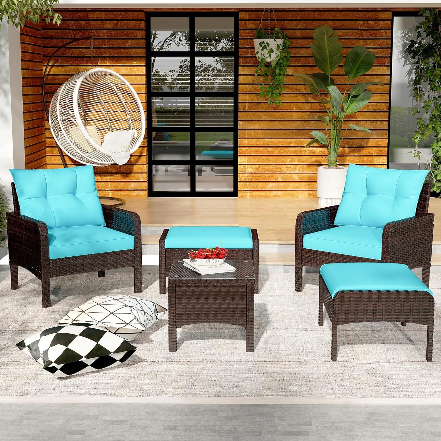 Spaco 5 Pieces Patio Rattan Sofa Ottoman Furniture Set with Cushions, Conversation Set with 2 Single Chairs, 2 Ottomans and A Side Table, Ottoman Furniture Set for Outdoor, Turquoise