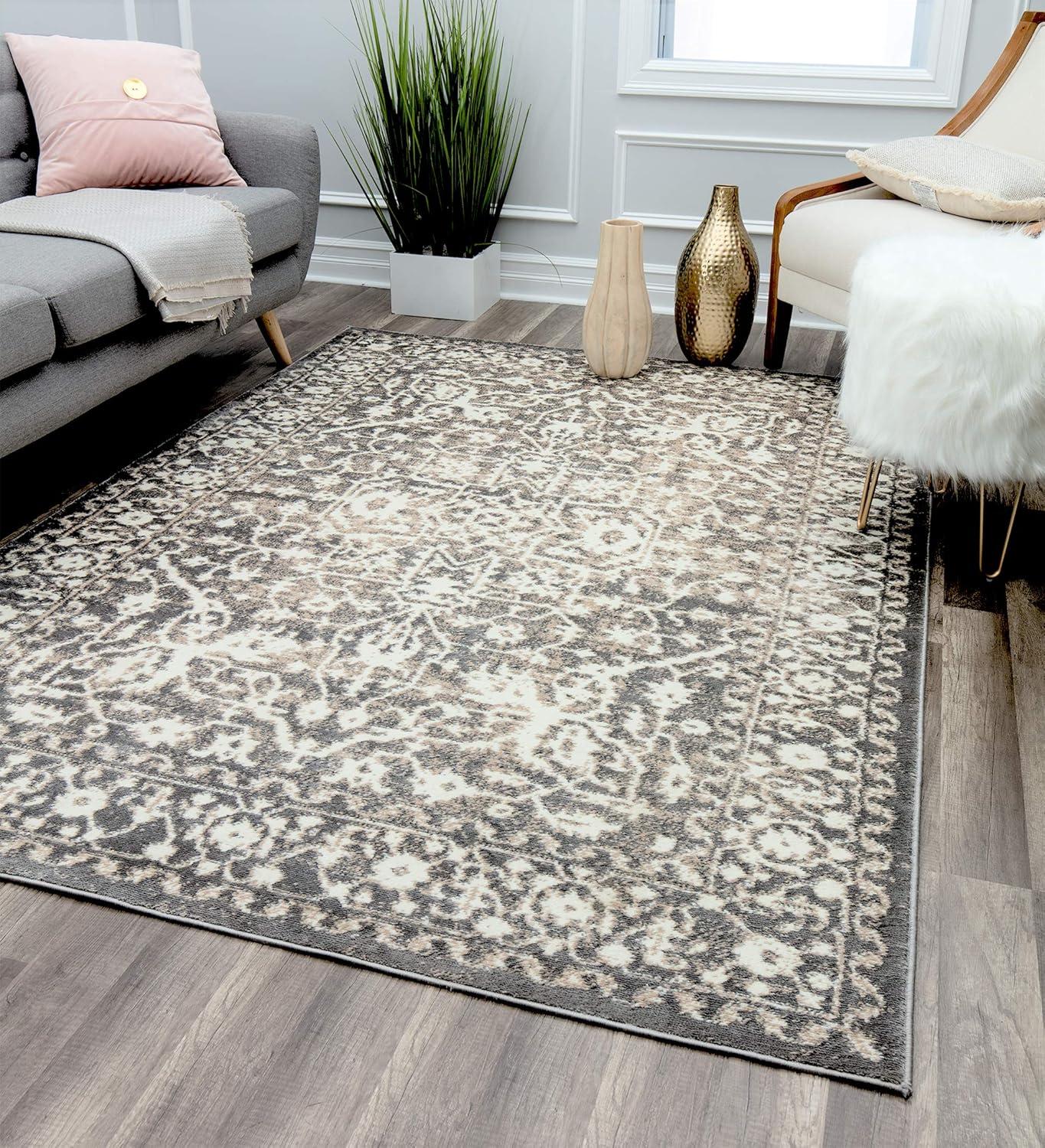 Rugs America Leopold LX20B Stone Transitional Cream Area Rug for Dining Room Rug Neutral Rug Living Room Rug Kitchen, 5'3"x7'