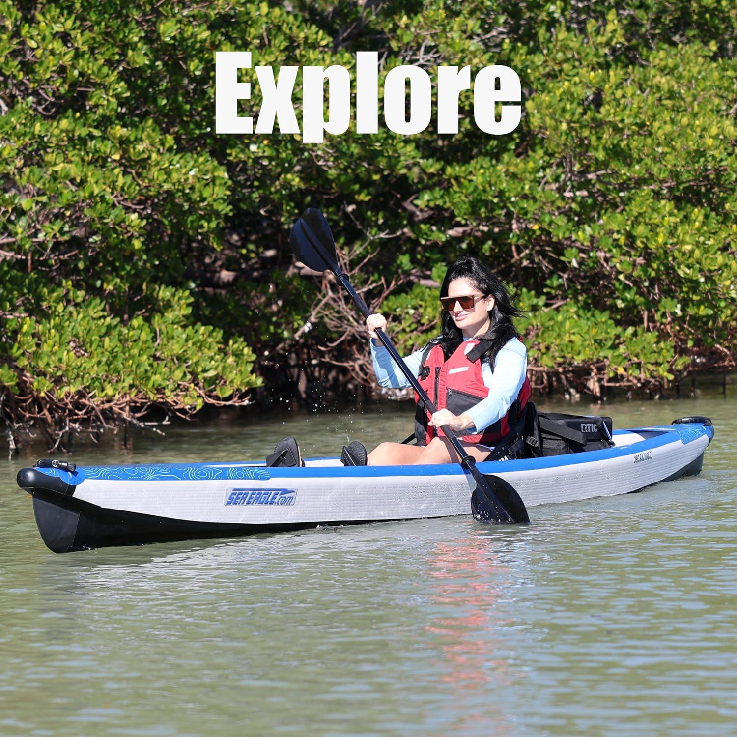 Sea Eagle RazorLite Inflatable Kayak - Lightweight, Drop Stitch, High Speed Inflatable Kayak for Touring - Solo or Tandem - w/Tall Back Seat(s), Paddle(s), Backpack, Skeg & Pump - Pro Package