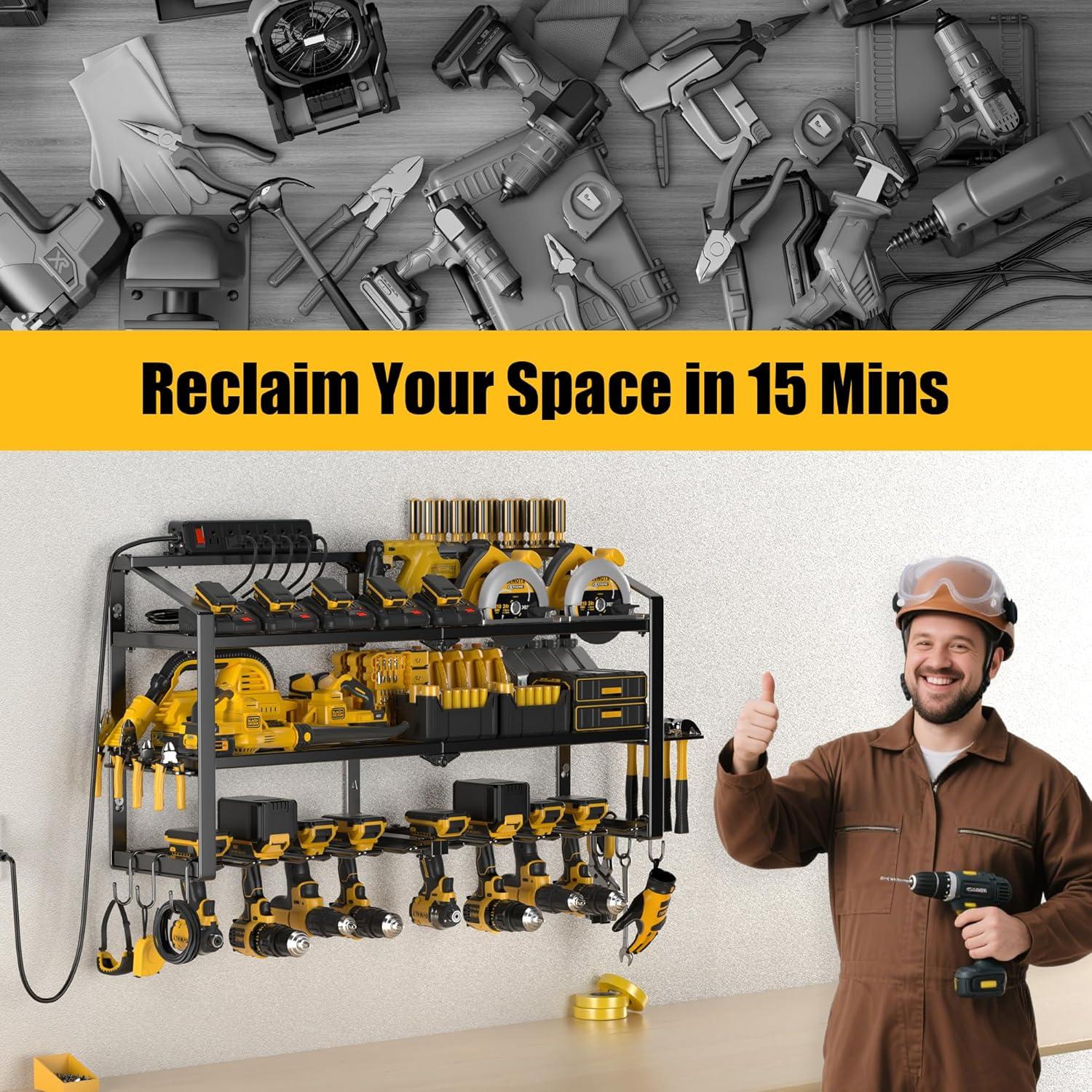 Spampur Power Tool Organizer Wall Mount with Charging Station, Garage Tool Shelf 6 Drill Holders, Tool Battery Holder with Plier holder Heavy Duty Rack, Tool Storage Rack with 4 Outlet Power Strip