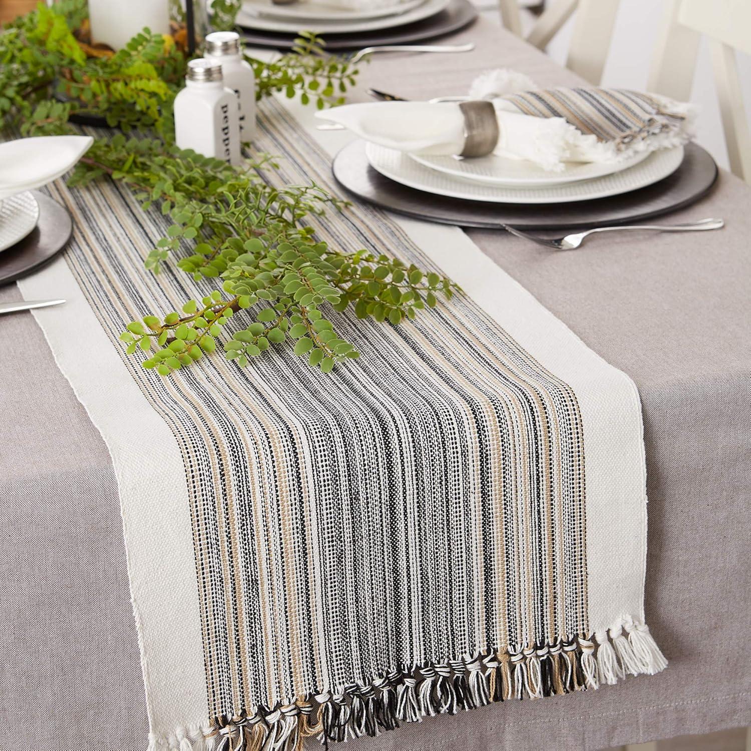 Design Imports  Black Striped Fringe Ribbed Table Runner 14X72