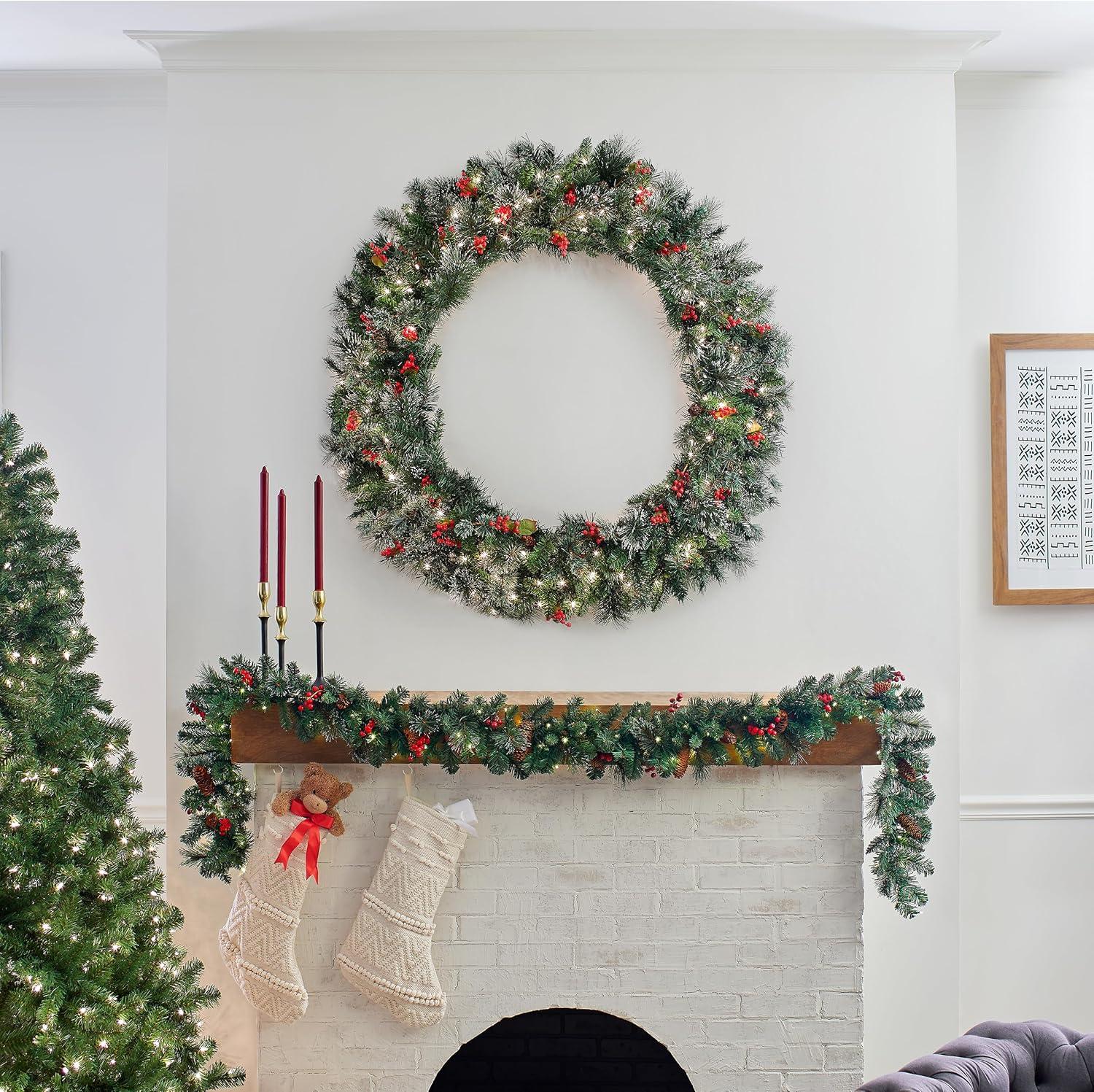 48" Prelit Wintry Pine Artificial Wreath with Pine Cones, Berries & Snowflakes Clear Lights - National Tree Company