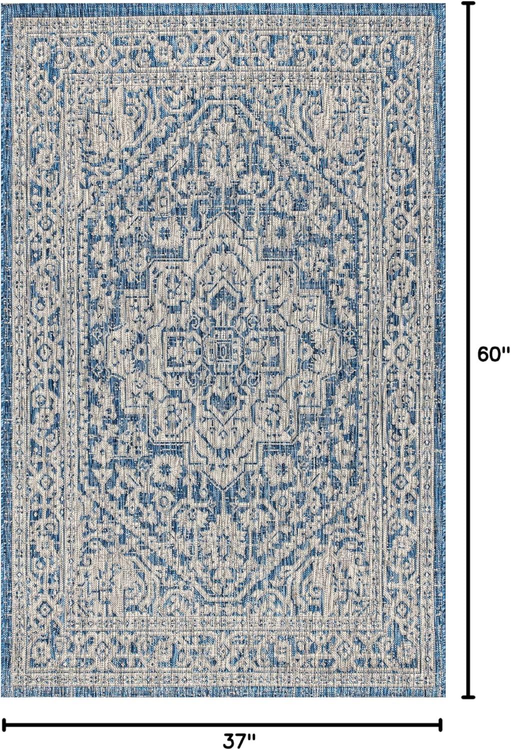 3'x5' Sinjuri Medallion Textured Weave Indoor/Outdoor Area Rug, Navy/Gray - JONATHAN Y