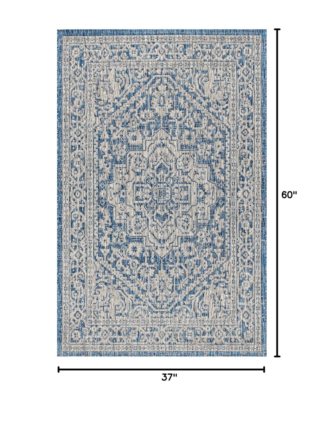 3'x5' Sinjuri Medallion Textured Weave Indoor/Outdoor Area Rug, Navy/Gray - JONATHAN Y