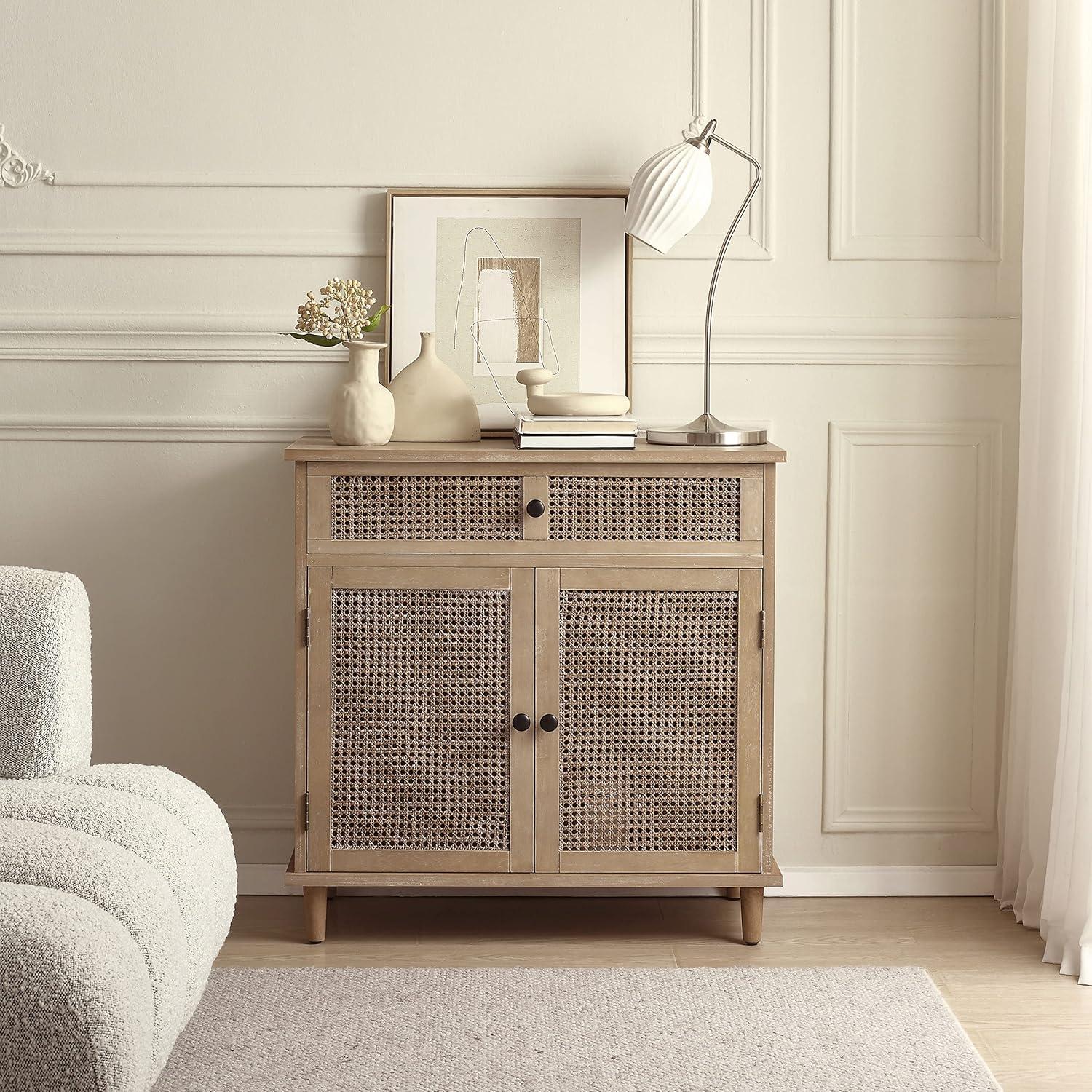 Art Leon Rustic Storage Cabinet with 2-Door&1Drawers Rattan Decoration Wood Finish,Oak Kitchen Console Table,Gray