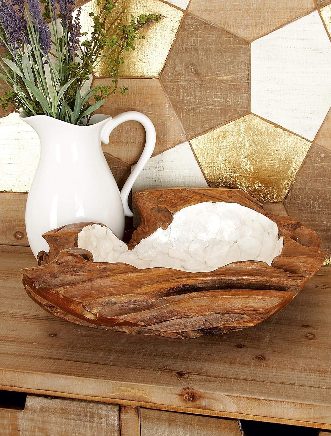 DecMode 16" Handmade Round Live Edge Free Form Brown Teak Wood Decorative Bowl with Capiz Interior