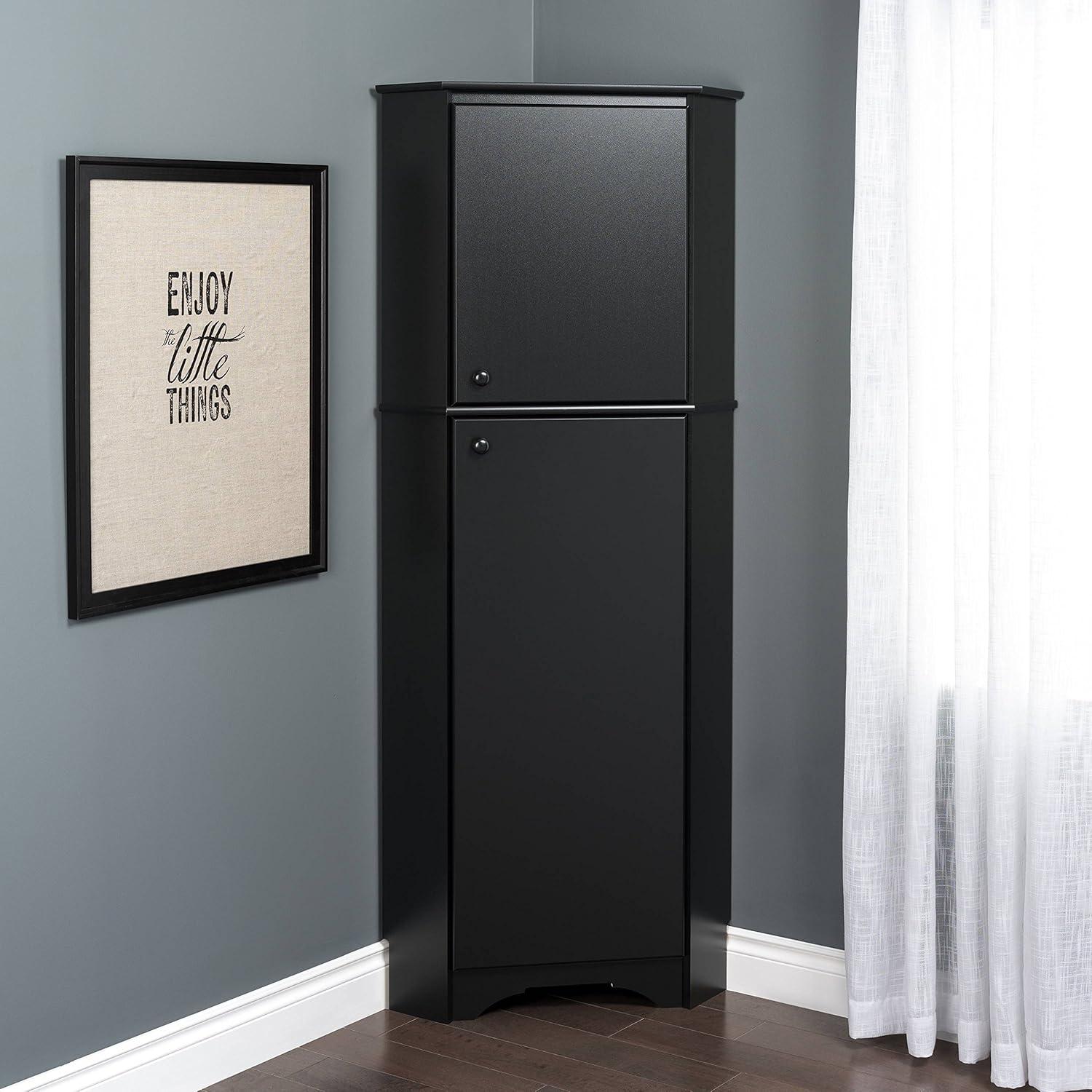 Black Composite Wood Tall Corner Storage Cabinet with Adjustable Shelving