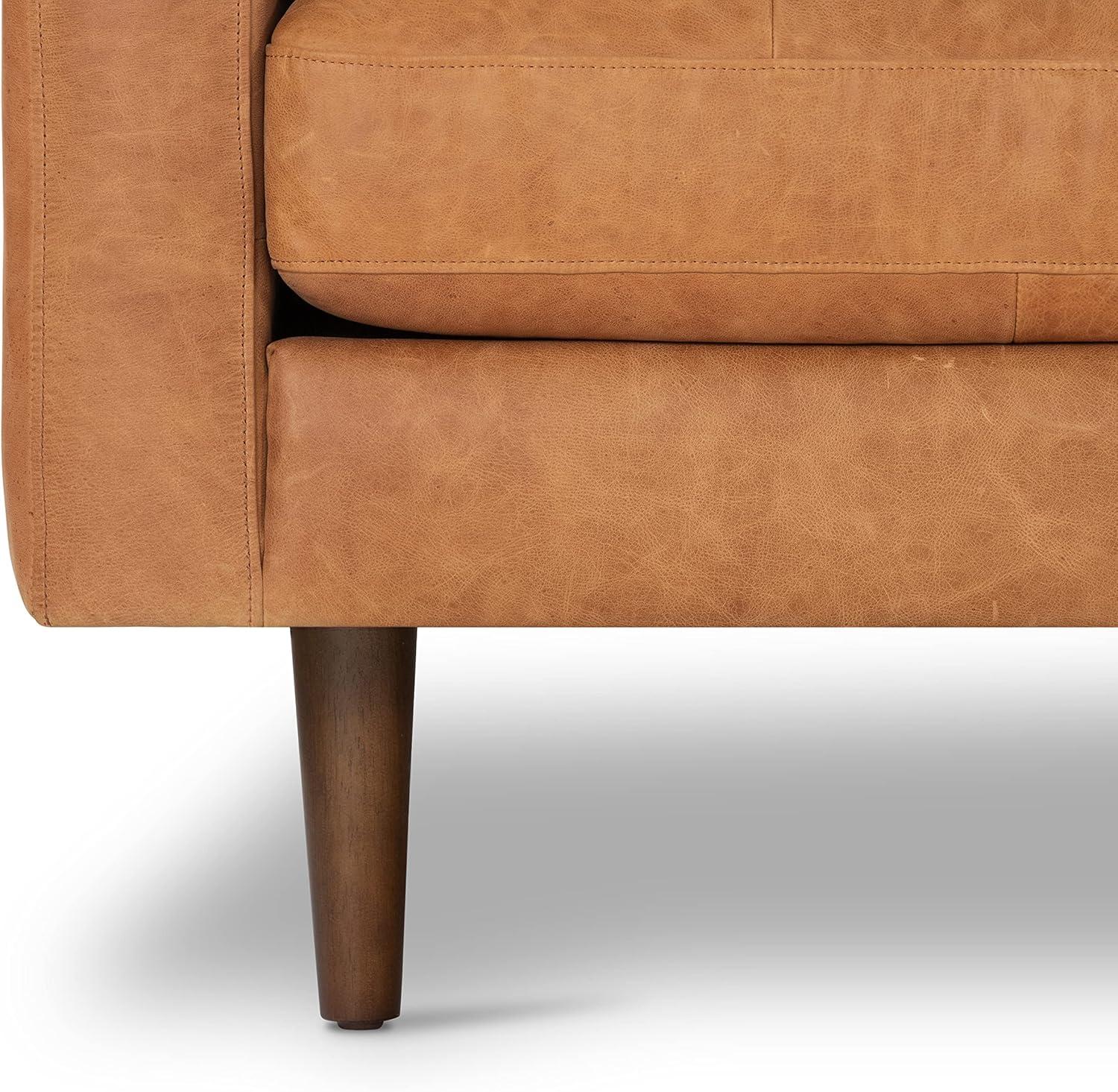 Cognac Tan Leather Tufted Sofa with Solid Wood Legs