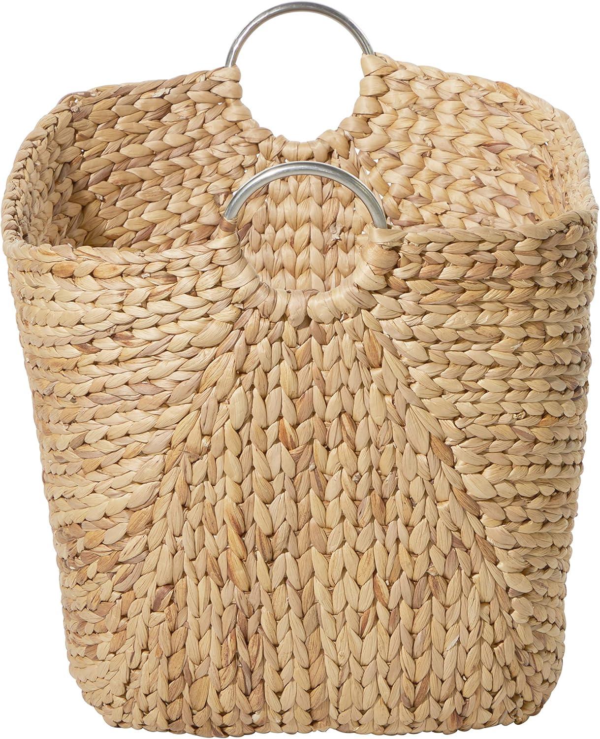 DecMode 21" x 19" Brown Seagrass Handmade Large Woven Storage Basket with Ring Metal Handles, 1-Piece