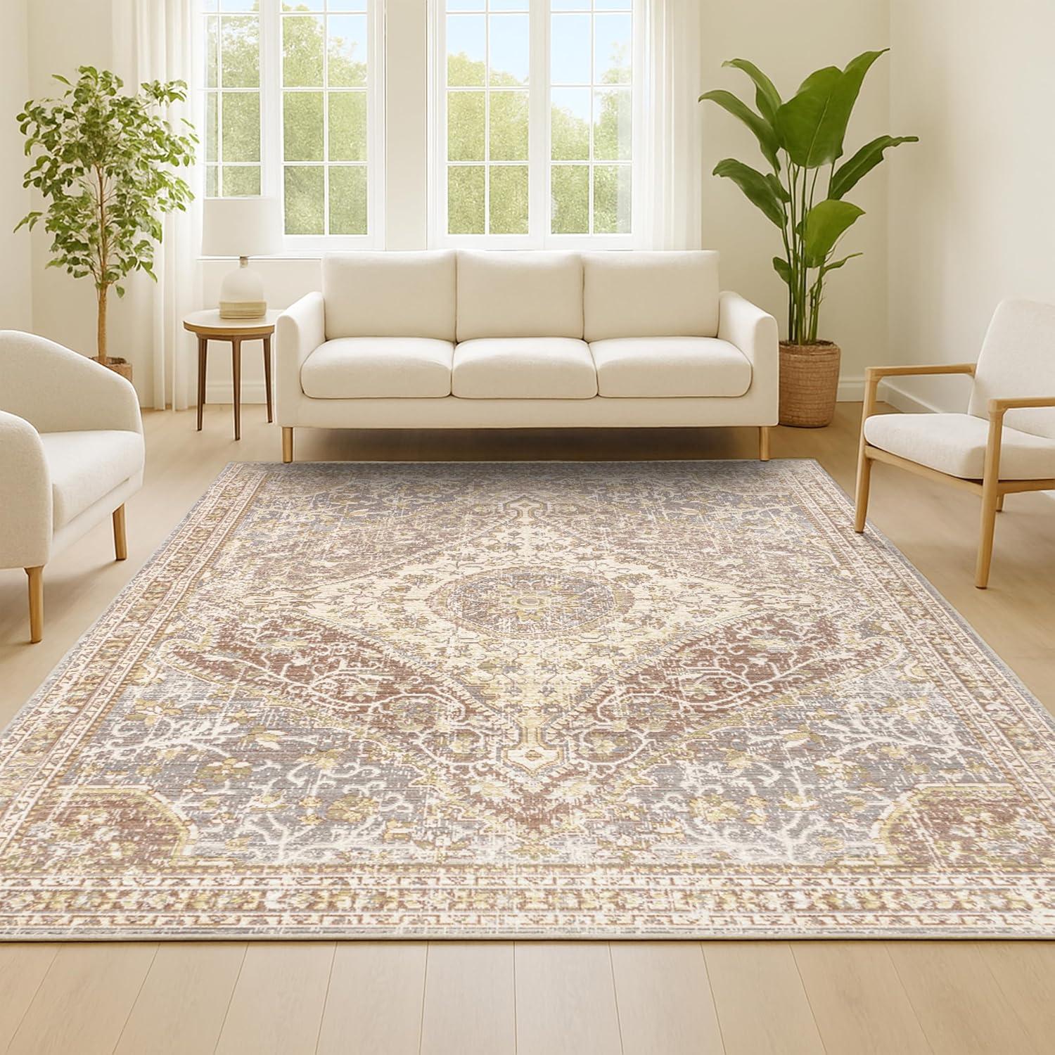 8'x10' Petras Modern Ornate Medallion Area Rug, Gray/Brown - JONATHAN Y