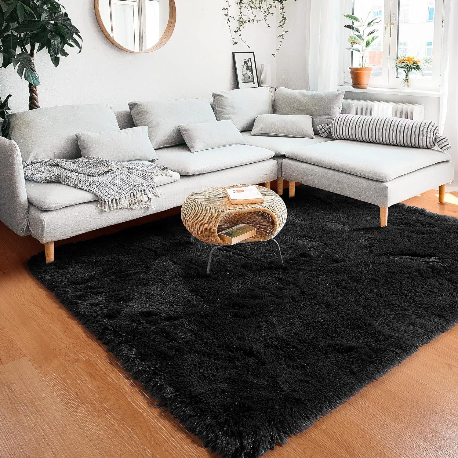 Bailu Fluffy Black Rug for Living Room,5x8 Area Rugs,Thick Plush Shag Rug,Shaggy Rugs for Bedroom,Big Fuzzy Carpet,Comfy Kids Rugs,Large Living Room Rugs,Living Room Decor