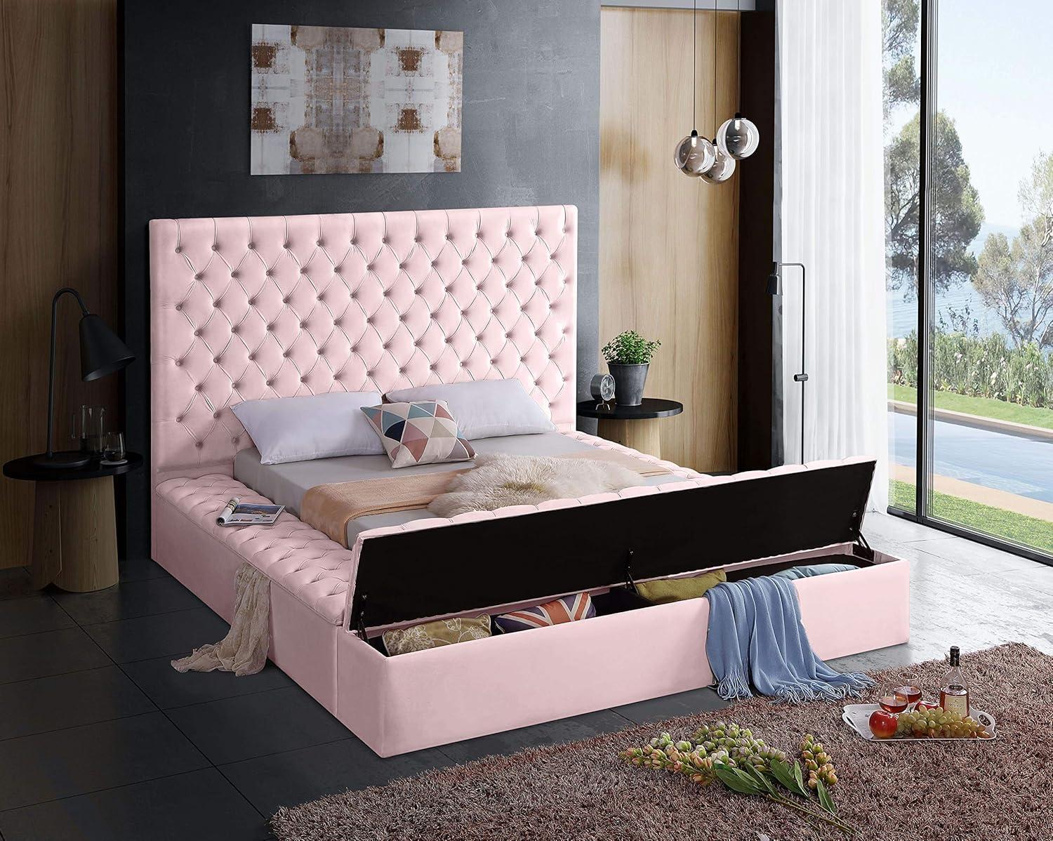 Elegant Pink Velvet Queen Bed with Tufted Headboard and Storage