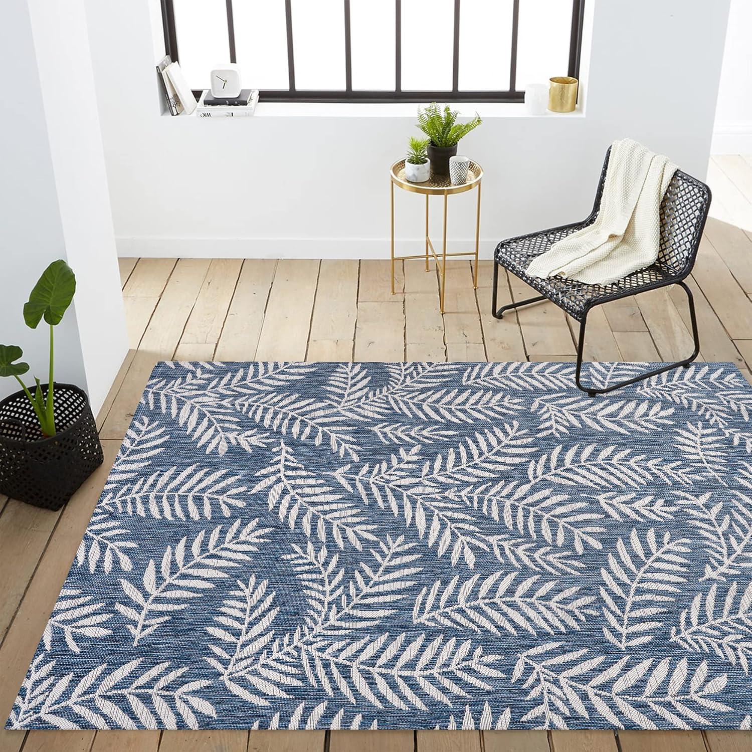 Ivory and Navy Palm Frond 4' x 6' Reversible Outdoor Rug