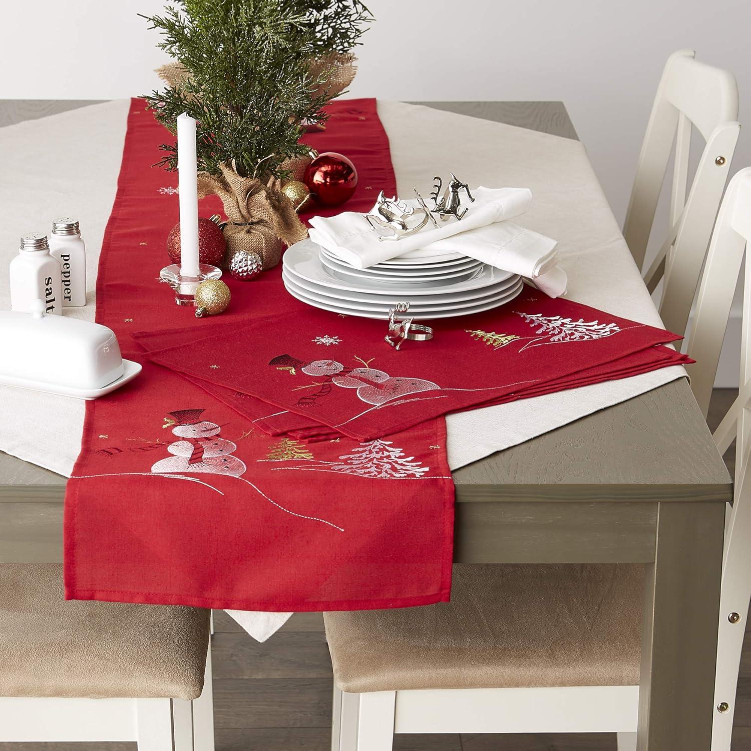 DII Embroidered Holiday Table Décor Collection Christmas Kitchen, Snowman Table Runner, 14x70, Red