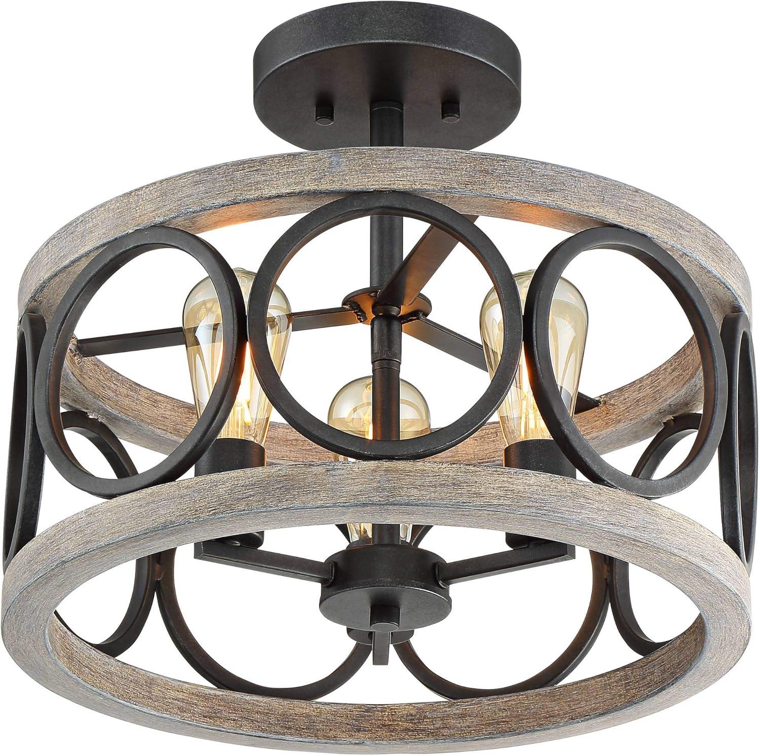 Franklin Iron Works Salima Rustic Farmhouse Ceiling Light Semi Flush Mount 16" Wide Black Gray Wood 3-Light for Bedroom Kitchen Living Room Hallway