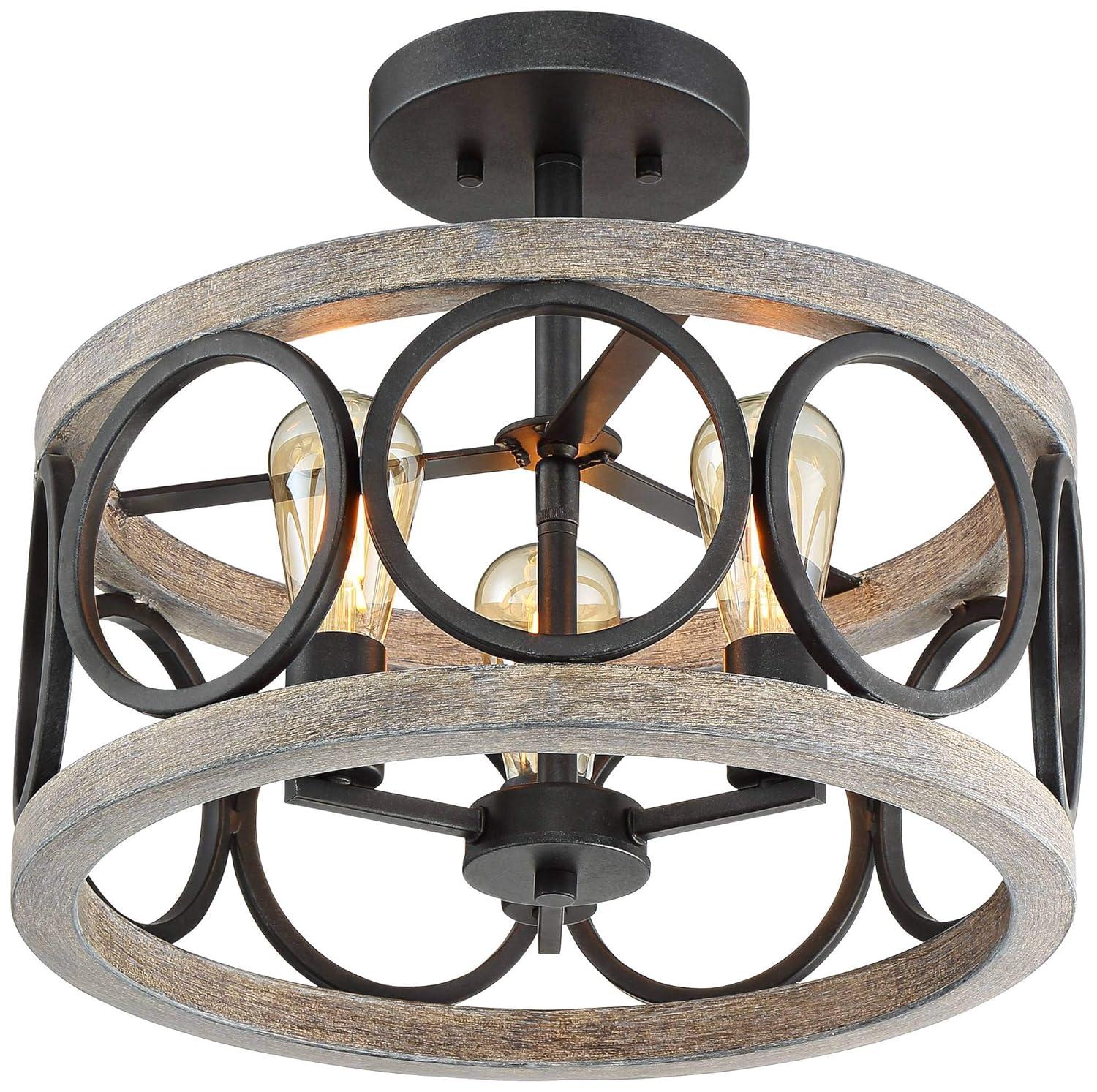 Franklin Iron Works Salima Rustic Farmhouse Ceiling Light Semi Flush Mount 16" Wide Black Gray Wood 3-Light for Bedroom Kitchen Living Room Hallway
